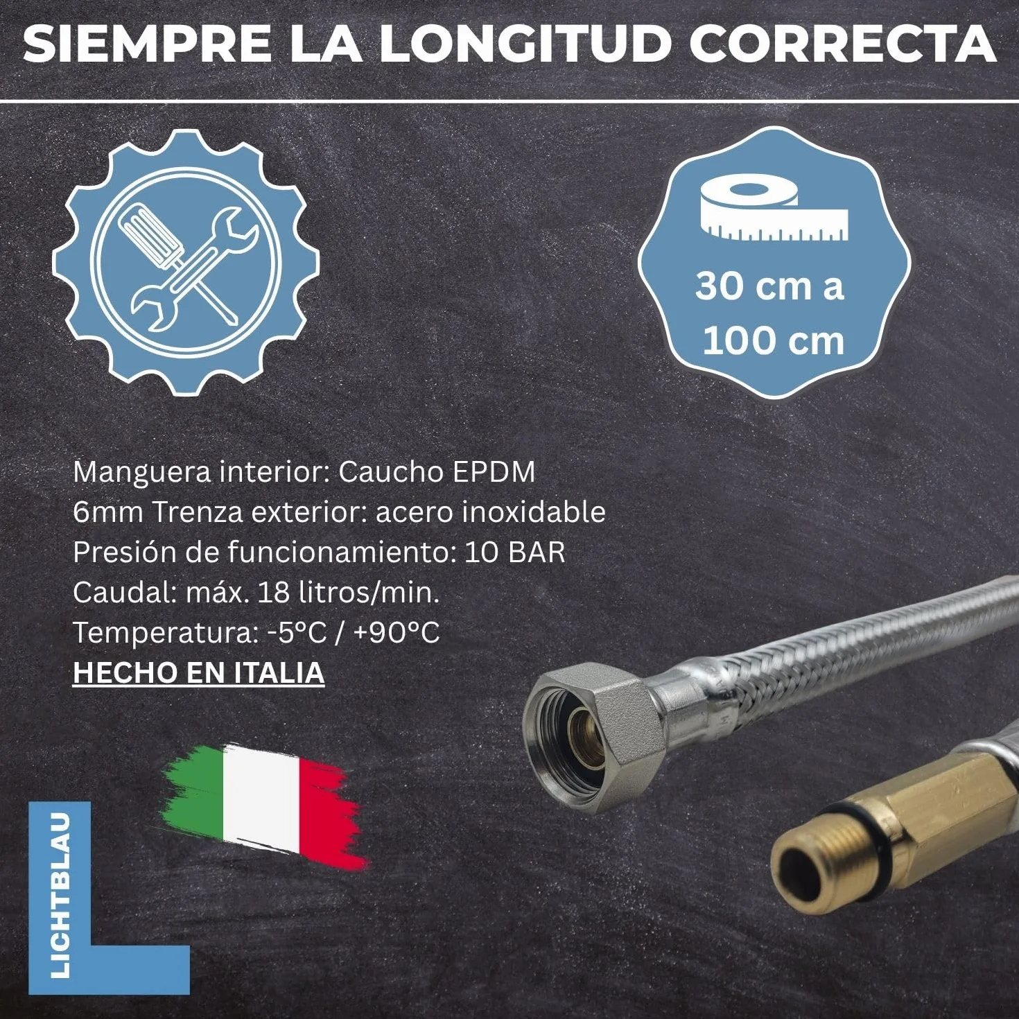 LICHTBLAU Manguera de acero inoxidable resistente a dobleces, 60 cm, 3/8 pulgadas a M8 de largo, adecuada para agua potable, válvula angular, manguera blindada, grifo de cocina | Manguera flexible de acero inoxidable para agua potable, resistente a doblec