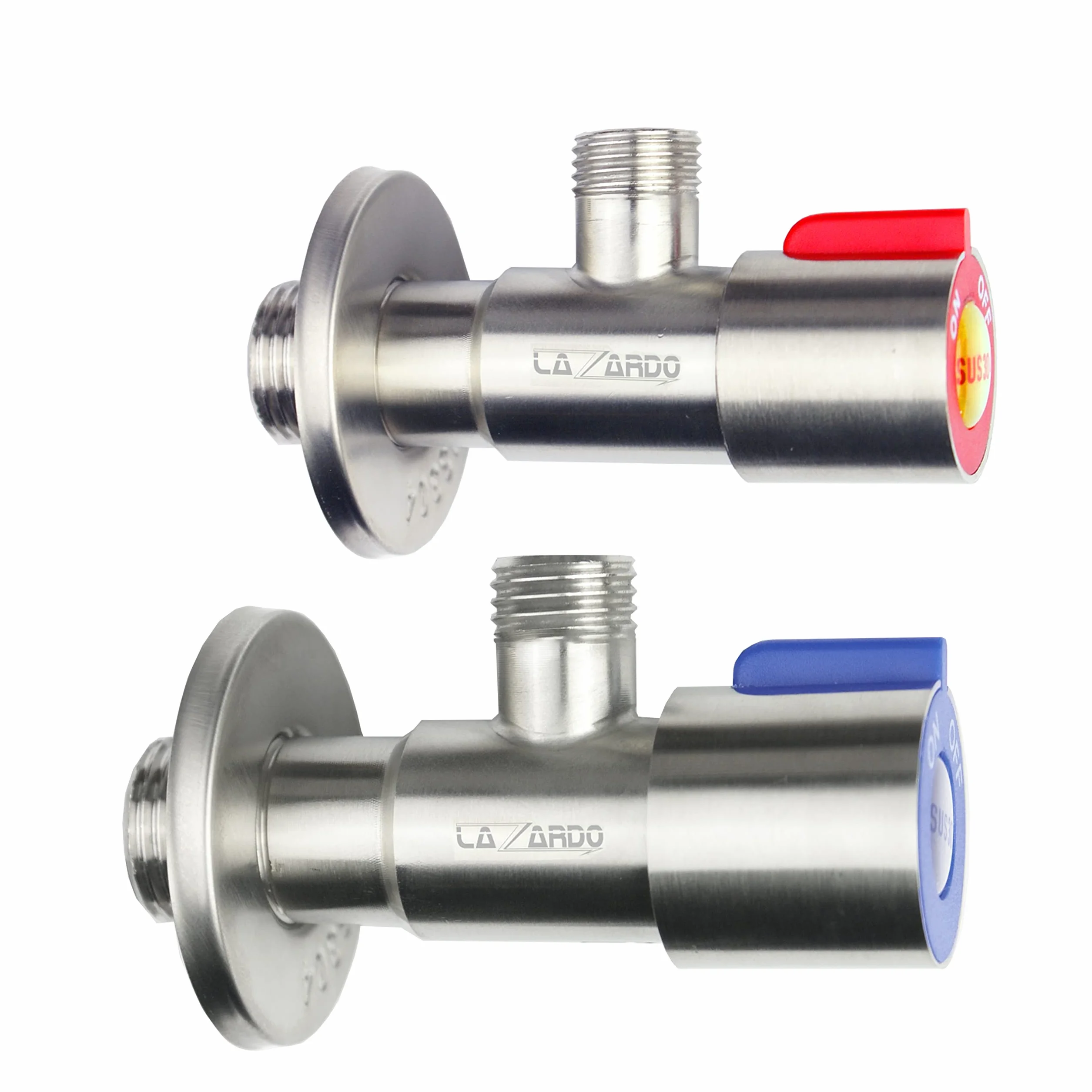 Juego de 2 válvulas de ángulo de acero inoxidable para lavabo, montaje en pared, 3/8", caliente frío