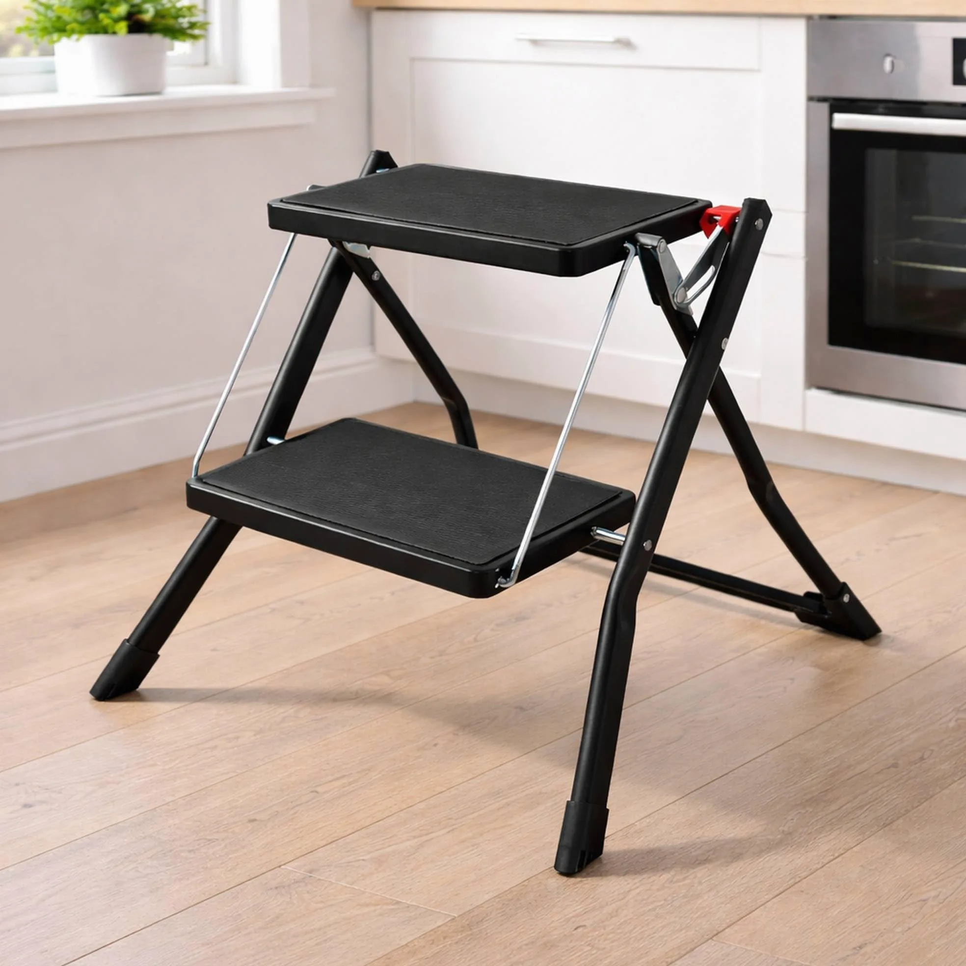 Well Home Escalera Plegable de 2 Peldaños en Acero de Color Negro, Antideslizante y Ligera