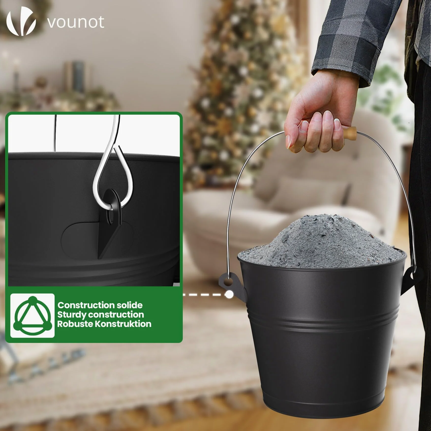 VOUNOT® Cubo Cenizas con Tapa y Set Barrido 5L Contenedor Ceniza con Asa, Pala y Escoba de Mano, Accesorios para Chimenea Estufa, Recipiente con Asas para Carbón y Restos de Leña, Metálico, Negro
