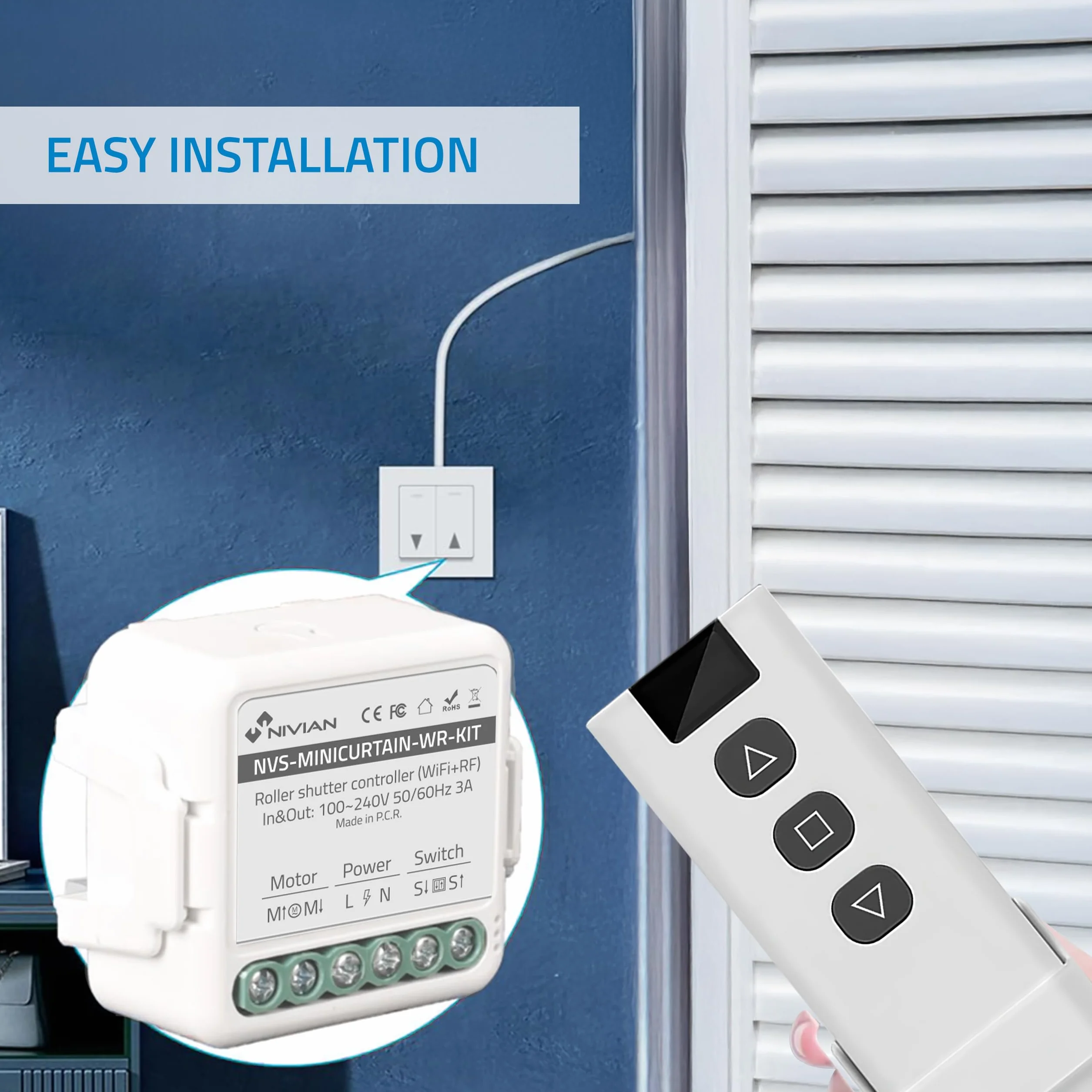 NIVIAN Controlador WiFi para Motor de Persianas con Mando RF. Control Remoto App Tuya. Interruptor Persiana WiFi Programación Horaria, Temporizador y Medición de Consumo. Compatible con Alexa y Google
