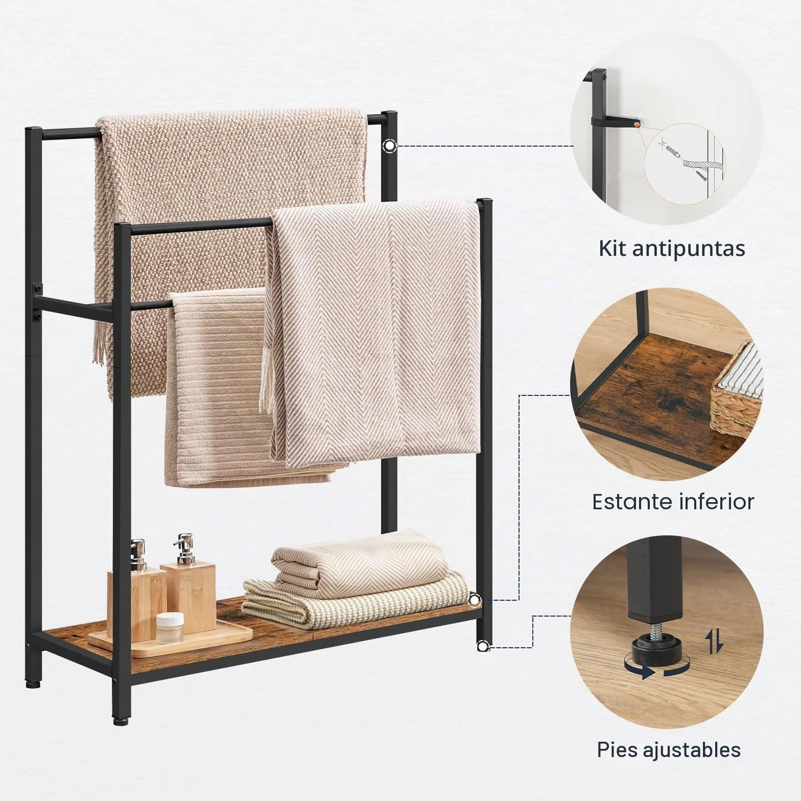 HOOBRO Toallero de Pie 3 Niveles, Soporte para Mantas con Estante, Baño, Exteriores, Negro y Marrón Vintage