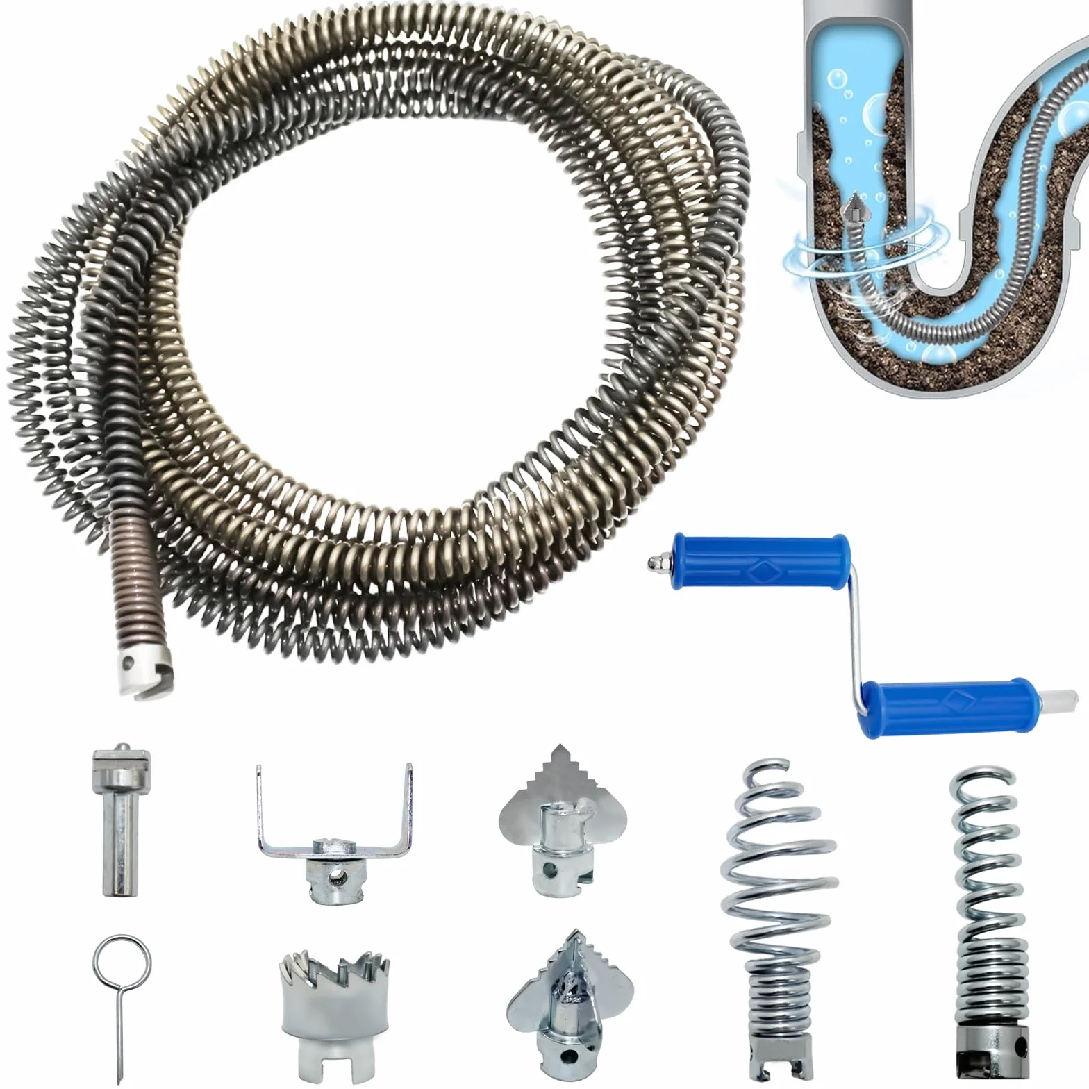 Desatascador Tuberias Profesional 5m x12mm, Desatascador en Espiral con 6 Cabezales de Corte y 1 Adaptador Eléctrico, Limpiador de Tuberías MultifuncionalEficientepara Cocina y Bañocon