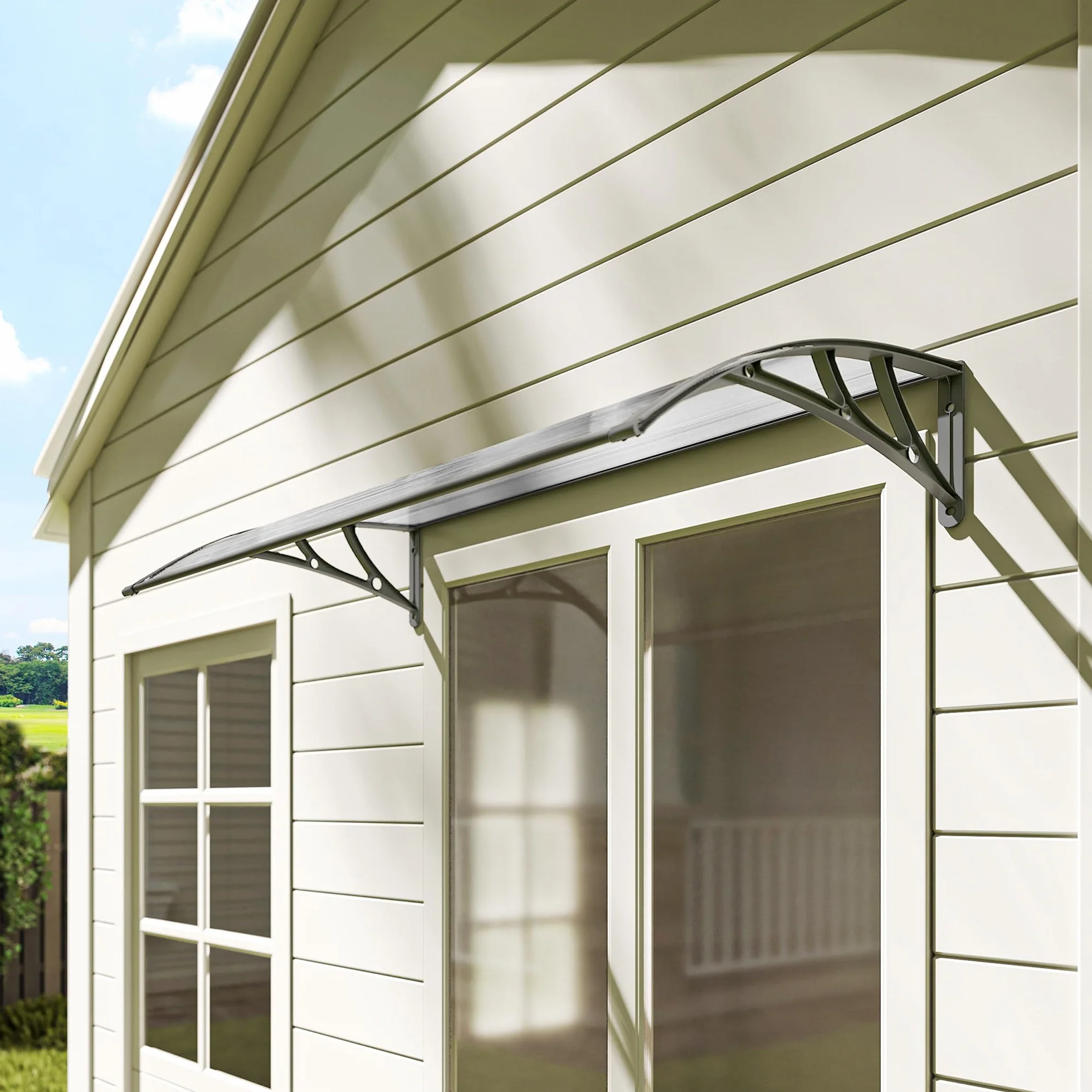 Outsunny Marquesina Exterior 110x60 cm Tejadillo Protección Sol Lluvia Policarbonato Soportes PP Regleta Aluminio Gris Transparente