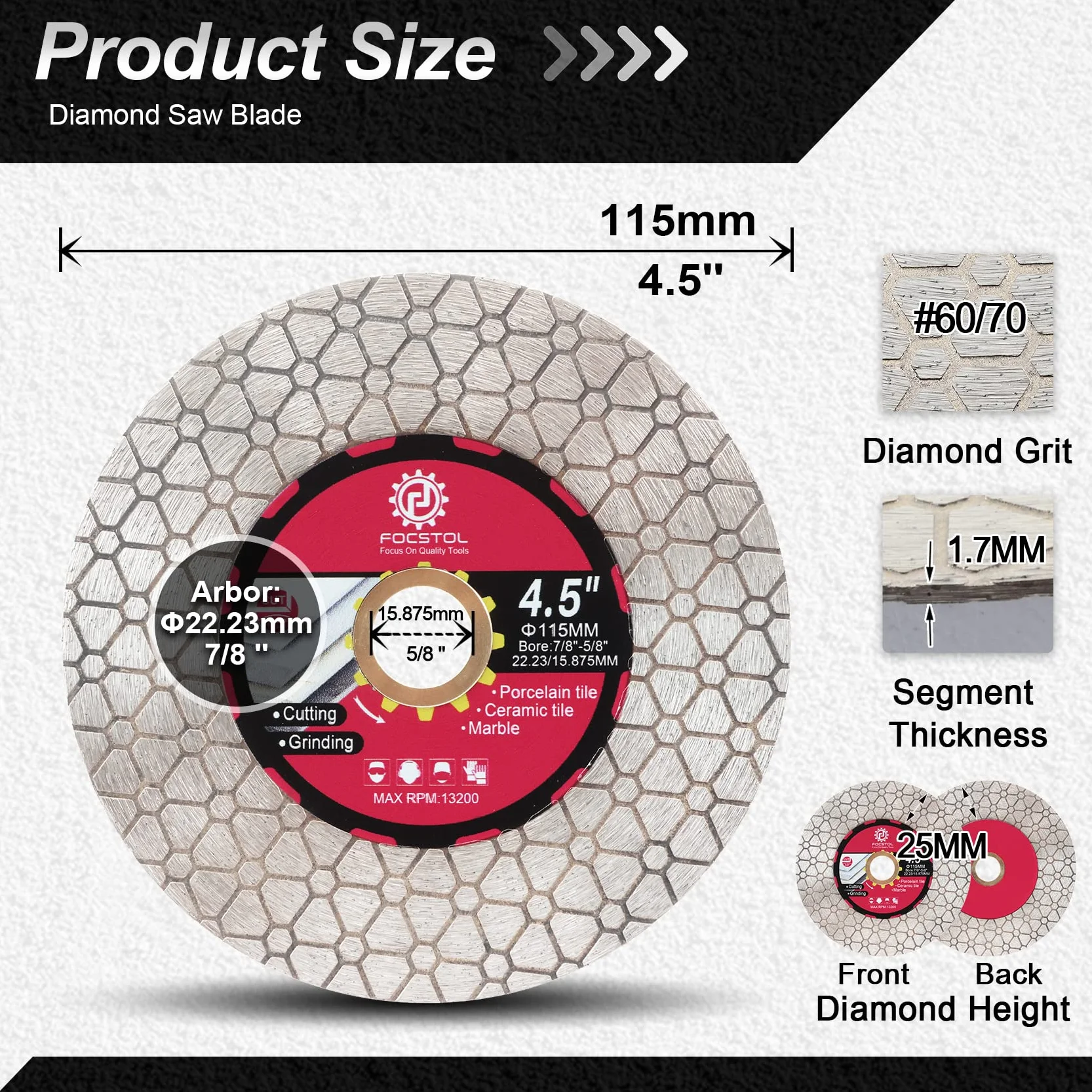 FOCSTOL Disco Diamante Porcelánico - 115mm x 22,23mm Disco de Corte Doble Lado para Corte y Molienda para Porcelánico Cerámica Azulejos Mármol Granito Piedra Artificial Cuarzo