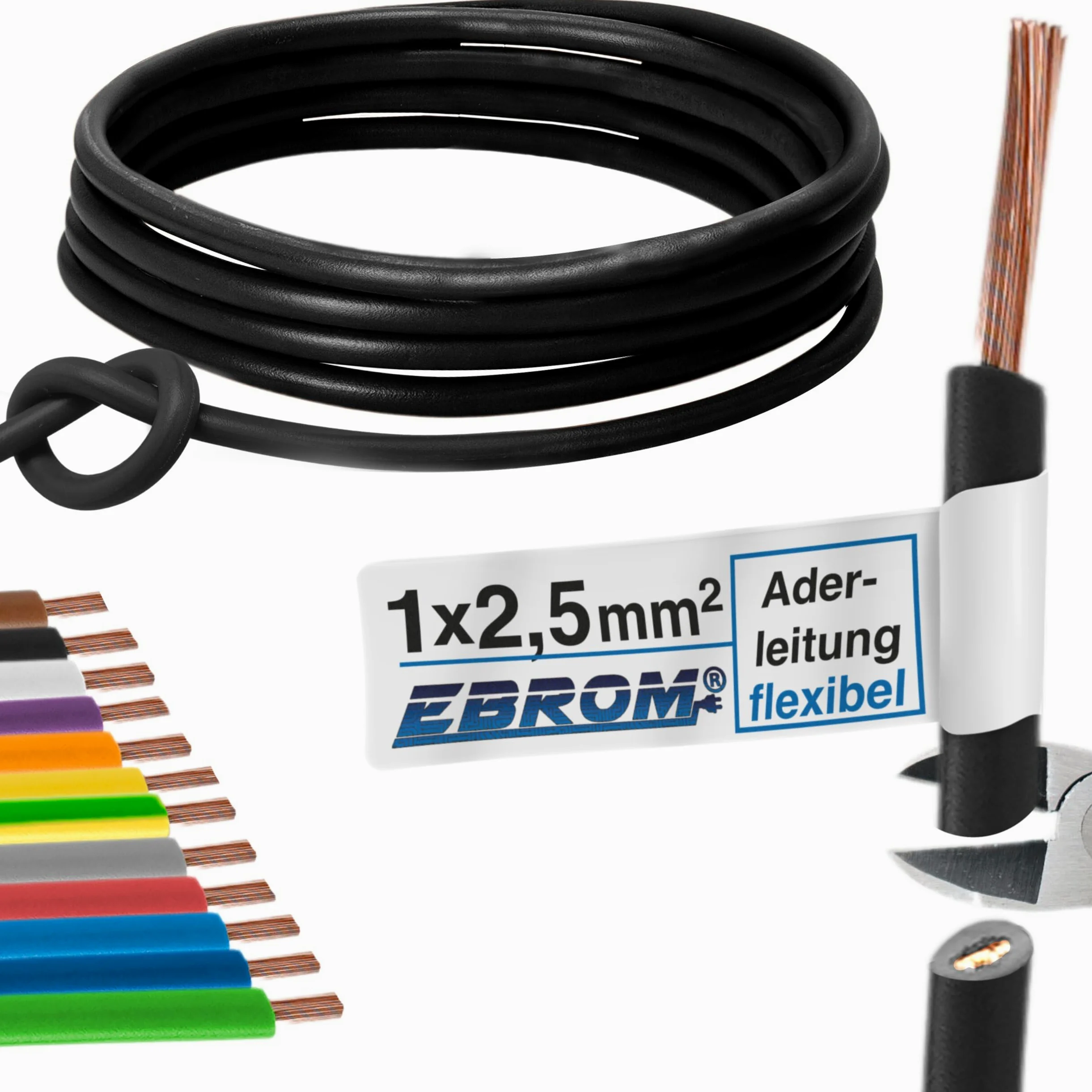 Cable de cableado – Cable flexible – Cable de PVC – H07V-K 2,5 mm² – Color: Negro – Muchas longitudes disponibles en incrementos de 5 metros, su longitud: 100 m 2,5 mm²