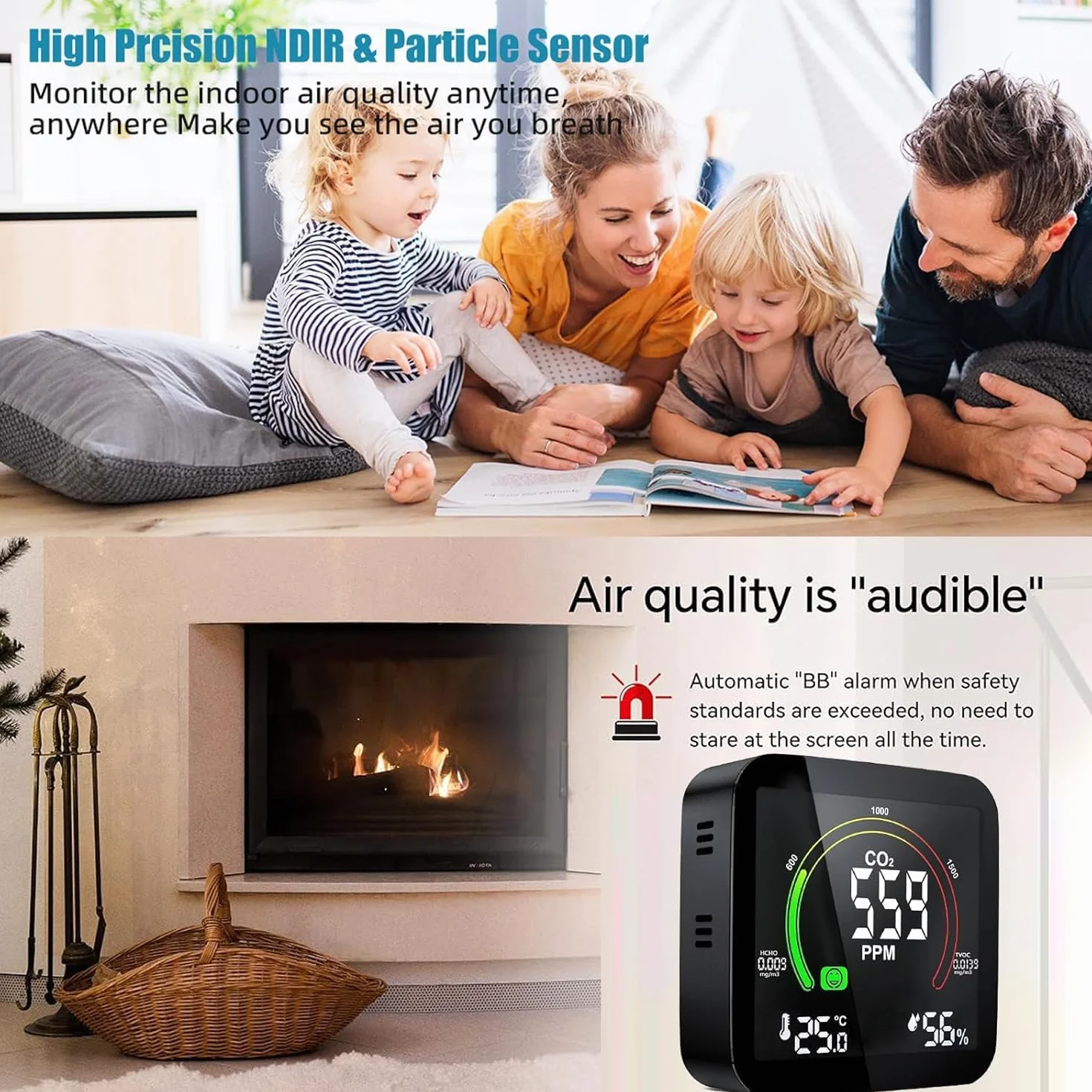 Medidor CO2 Detector CO2 Gas, 5 en 1 Detector de CO2 con Pantalla LED Medidor de Humedad y Temperatura TVOC HCHO Dormitorio Oficina Coche Multi