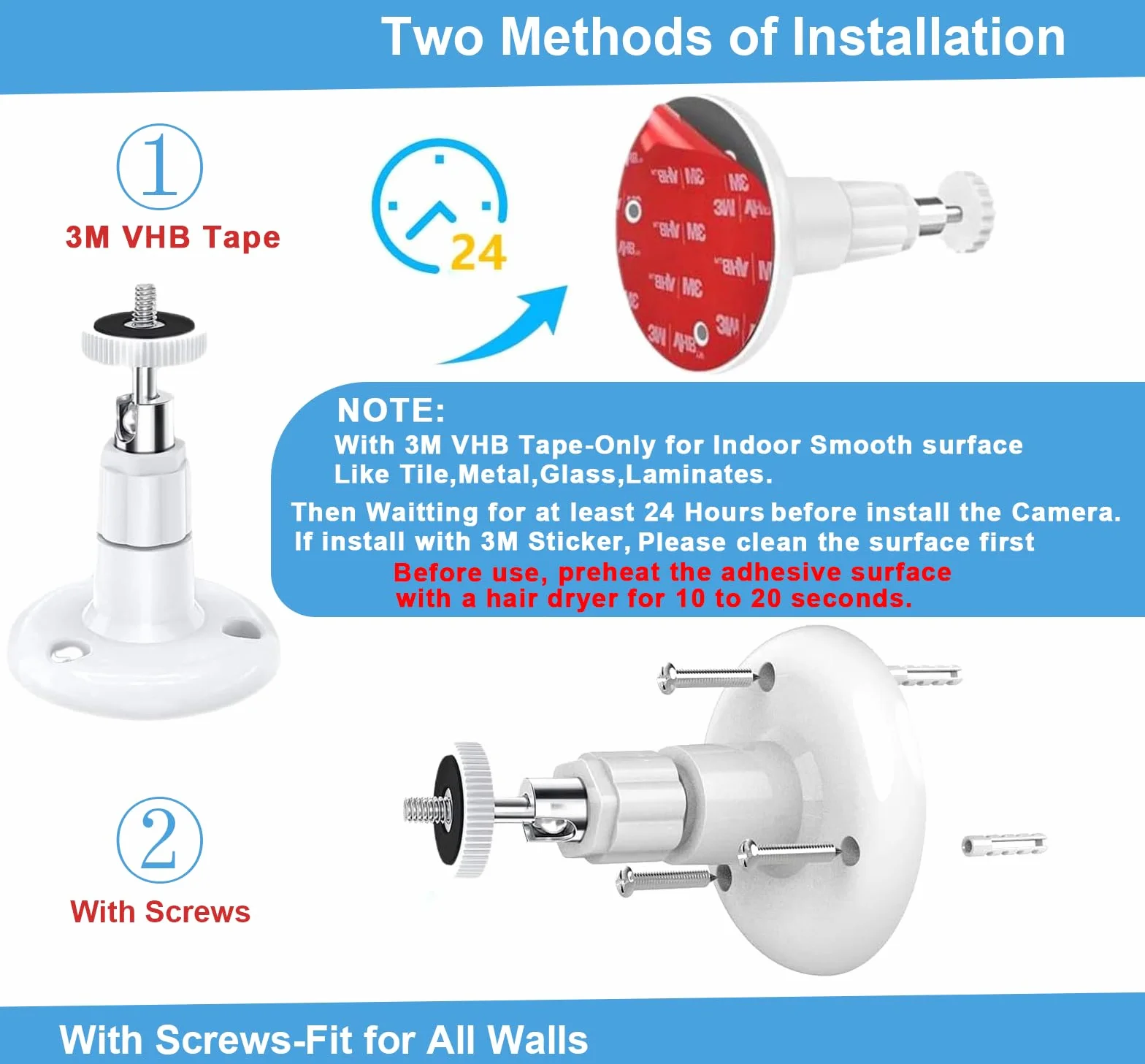 Soporte de pared para cámaras de seguridad eufy 2C/2C Pro, 2/2 Pro, 3C/S300, 3/S330 y eufyCam SoloCam S220/C210. ​​Ajustable 360 ​​grados, adhesivo o con tornillos (2 unidades)