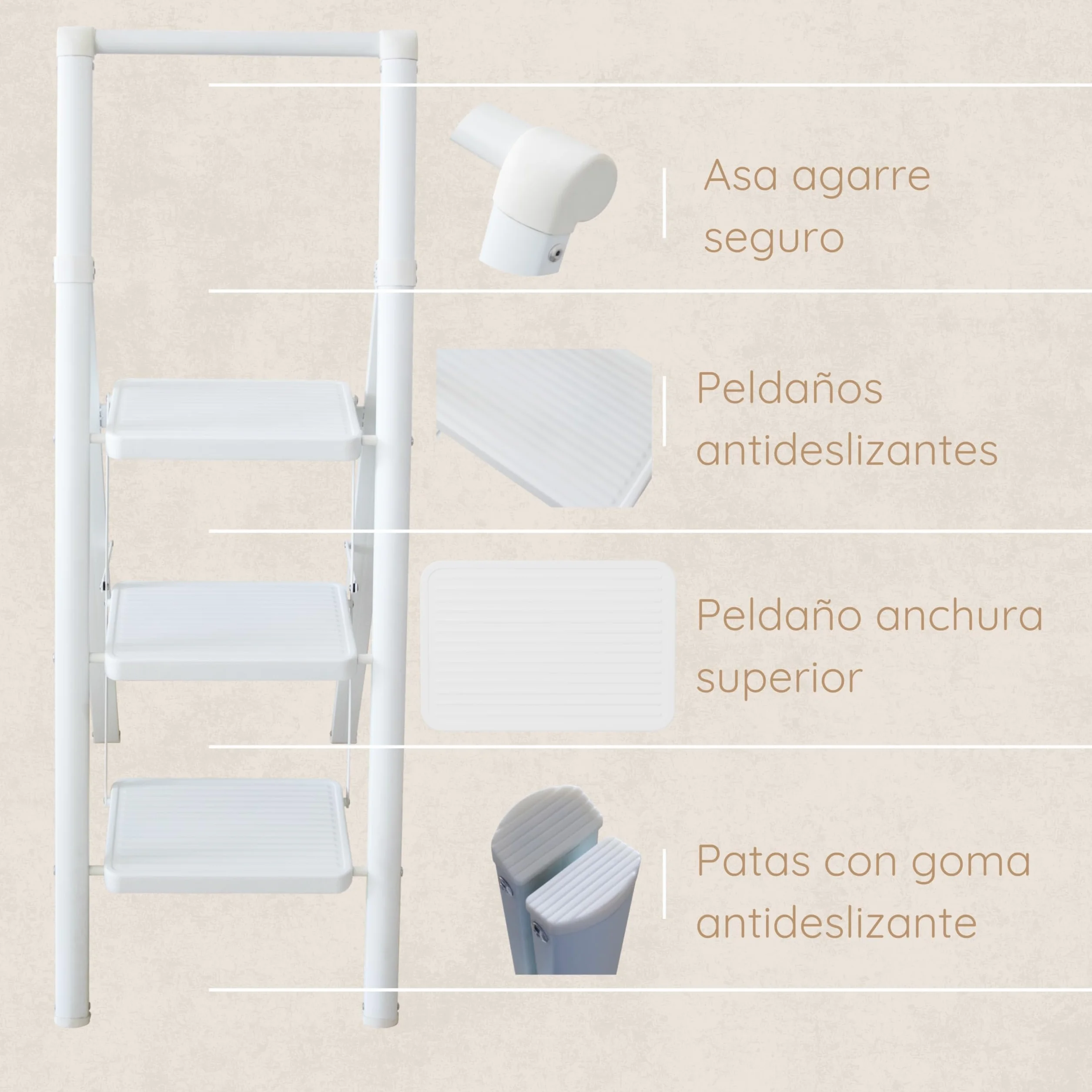 Escalera Plegable 3 peldaños Blanca, Liviana y Estable, peldaños Anchos Antideslizantes, EN 131 150 kg