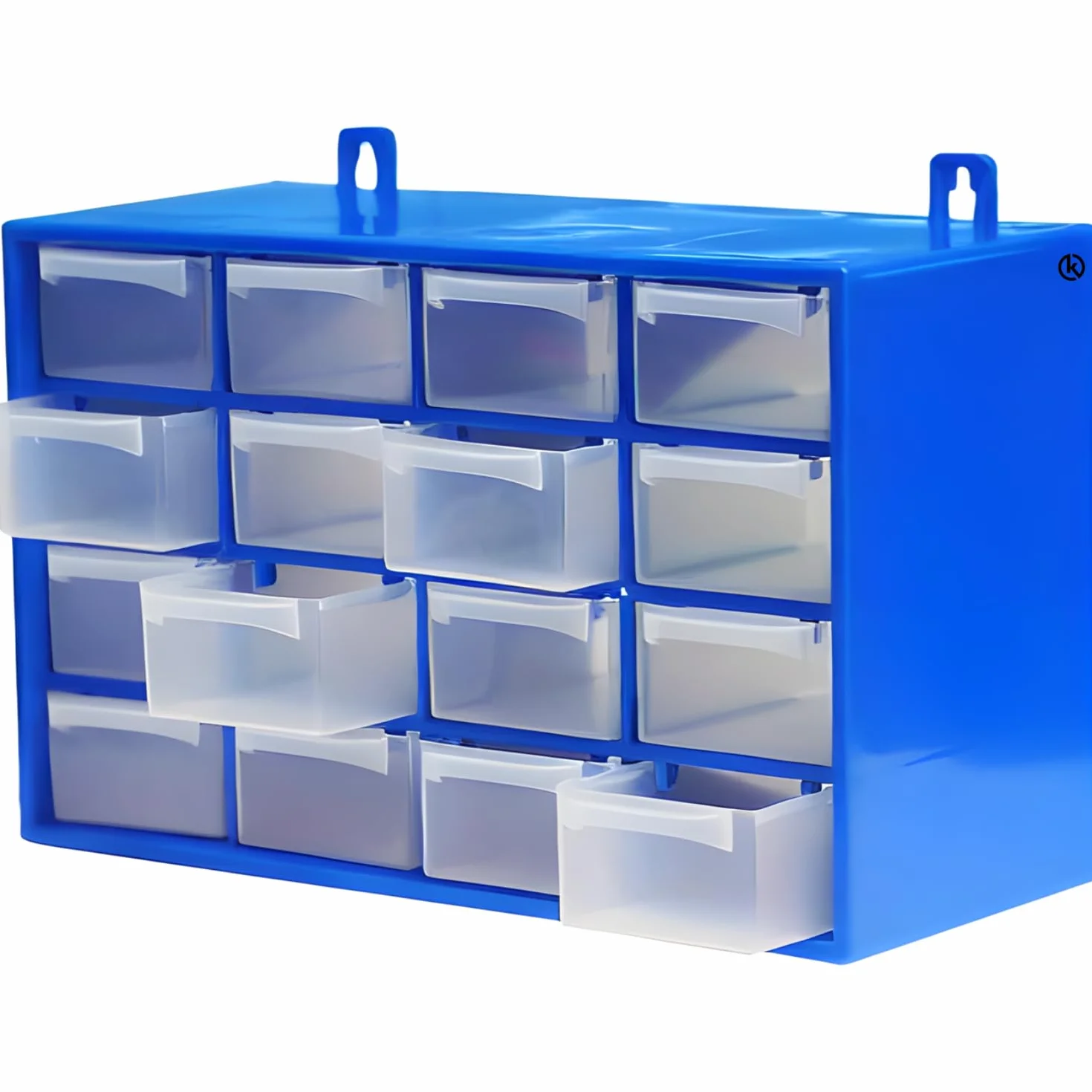 KROWN - Clasificador Modular de Pared Apilable, 27 x 17 x 12,5 cm, 16 Cajones, Almacenamiento de Pequeñas Herramientas, Tornillos, Marco de Polipropileno, Cajones Transparentes (Azul)