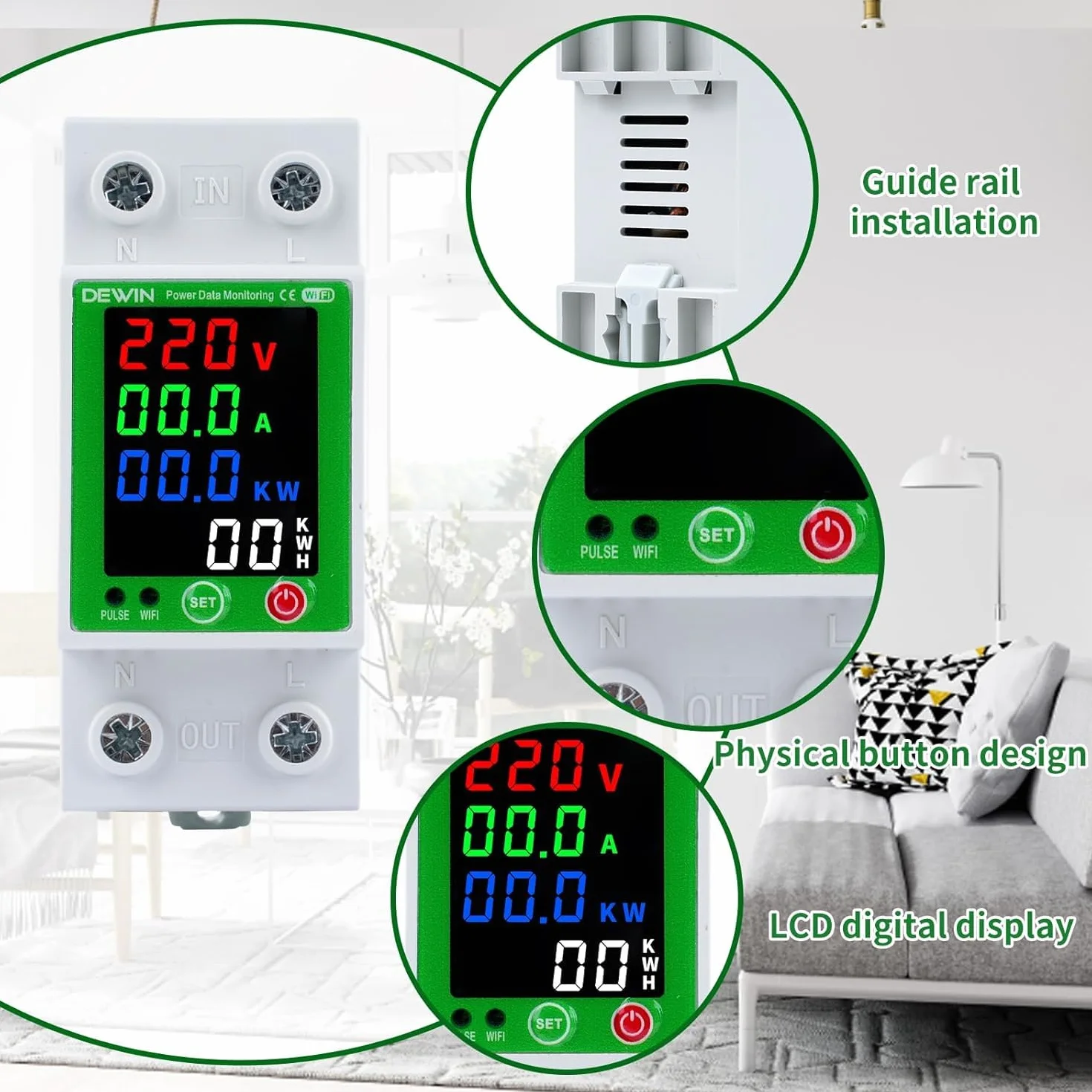 DEWIN Medidor Consumo Electrico WiFi,2P 63A 230VAC Contador Electrico Medidor de Energía Inteligente WiFi con Protección contra Sobretensión, Sobrecorriente, Fugas y Sobretemperatura
