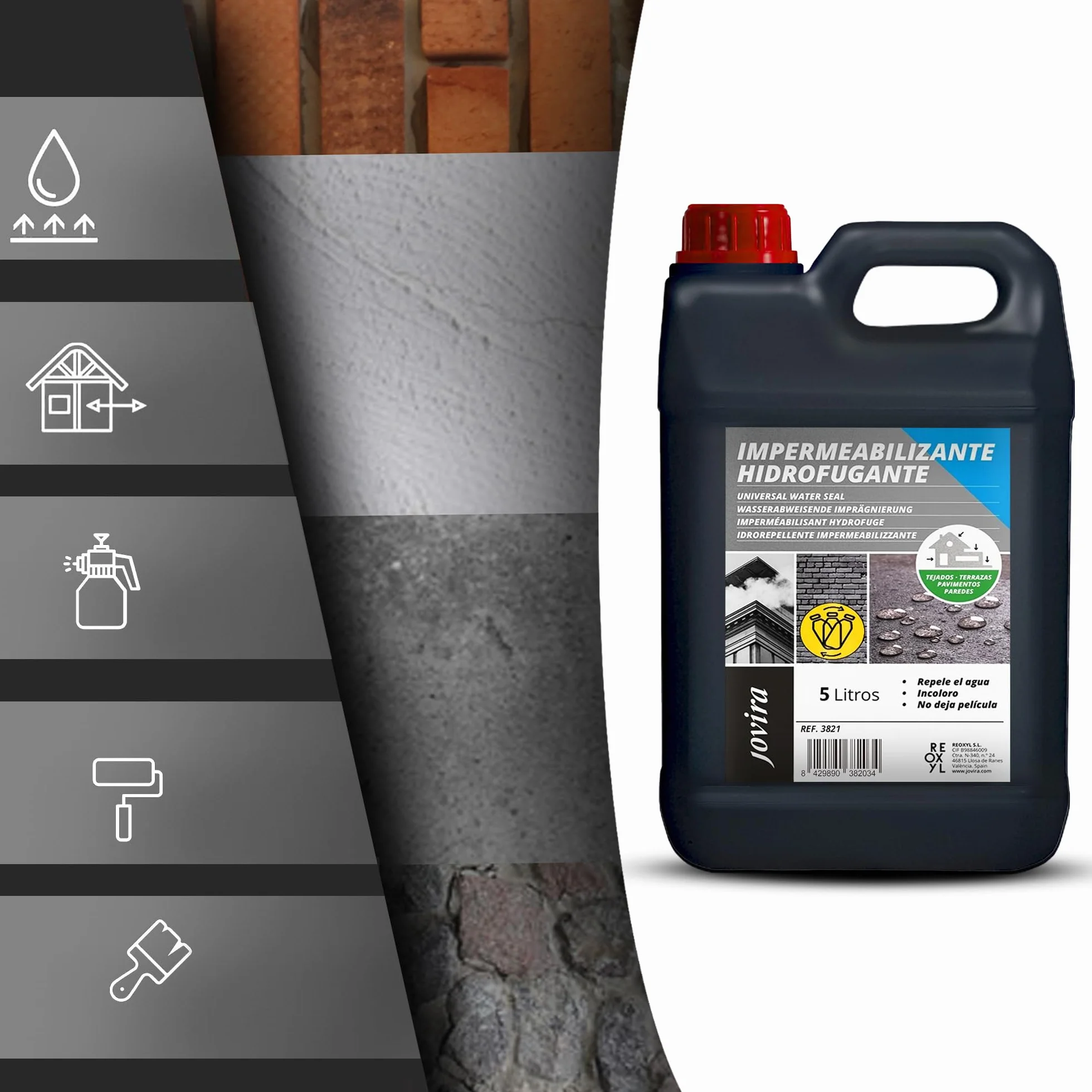 JOVIRA PINTURAS Impermeabilizante Transparente, 5L, Líquido. Hidrofugante Invisible, No Genera Película, Protección Total en Fachadas, Hormigón,Terrazas, Tejados. Waterproof. (5 Litros, Hidrofugante)