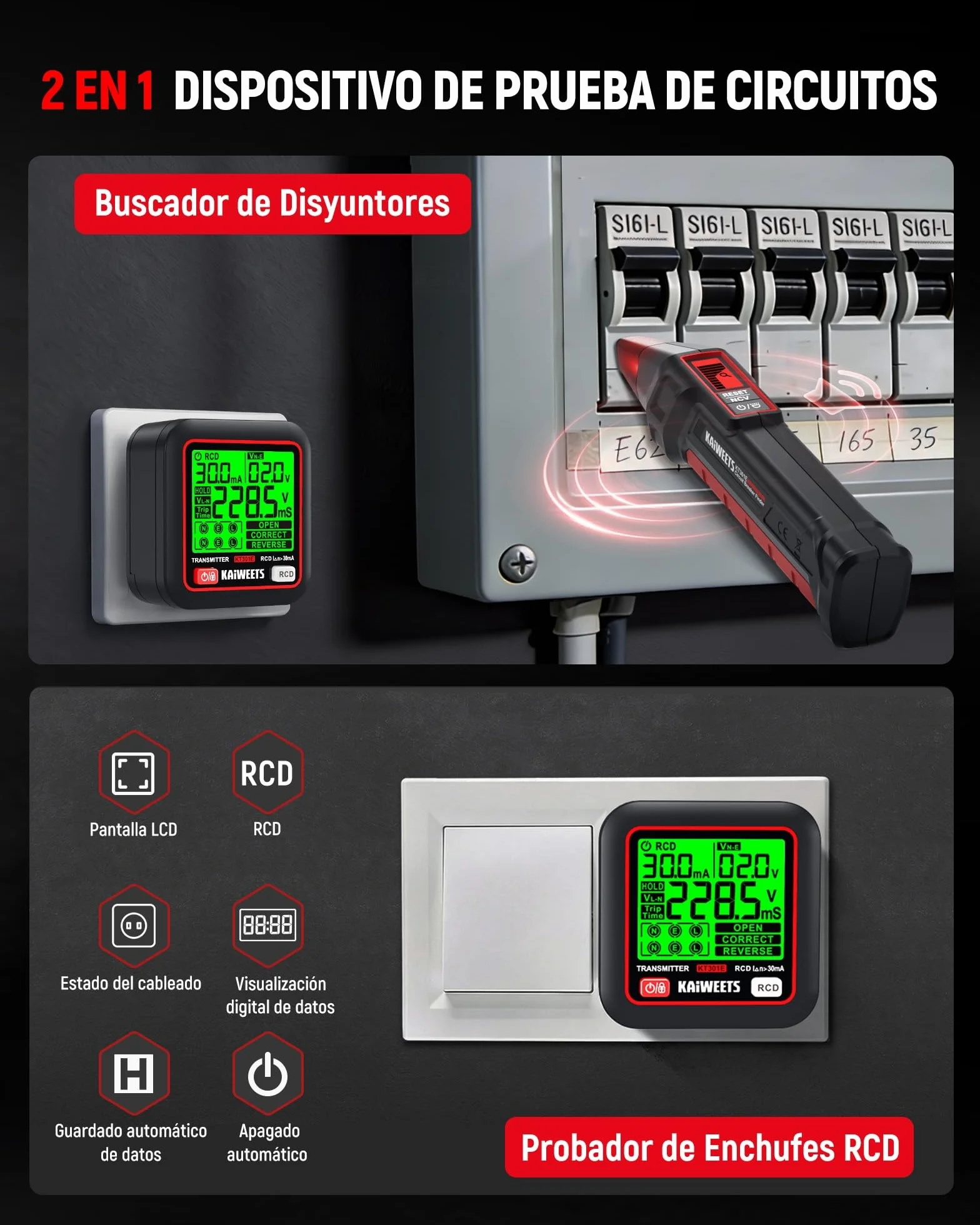KAIWEETS Localizador de Disyuntores Pantalla LCD, Comprobador Enchufes Prueba RCD Verificación Cableado, Detector Cables NCV Linterna LED
