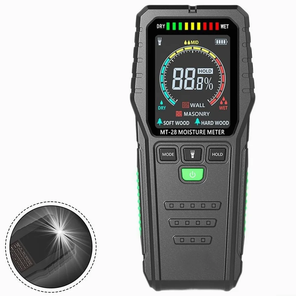 Medidor de humedad no invasivo Probador de madera sin pines con pantalla LCD para paneles de yeso, madera dura, detección de fugas, sensor de humedad de edificio, herramienta de suelo