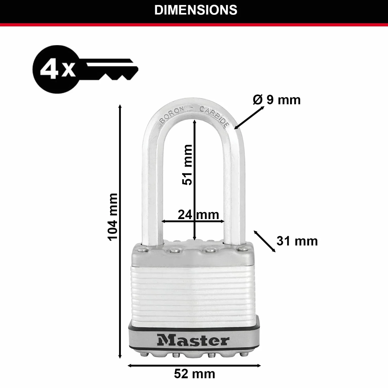 Master Lock M5EURDLH Candado Seguridad Llaves Acero Laminado Exterior, Arco Largo, Adecuado para Portales, Garages, Sótanos, 50 mm
