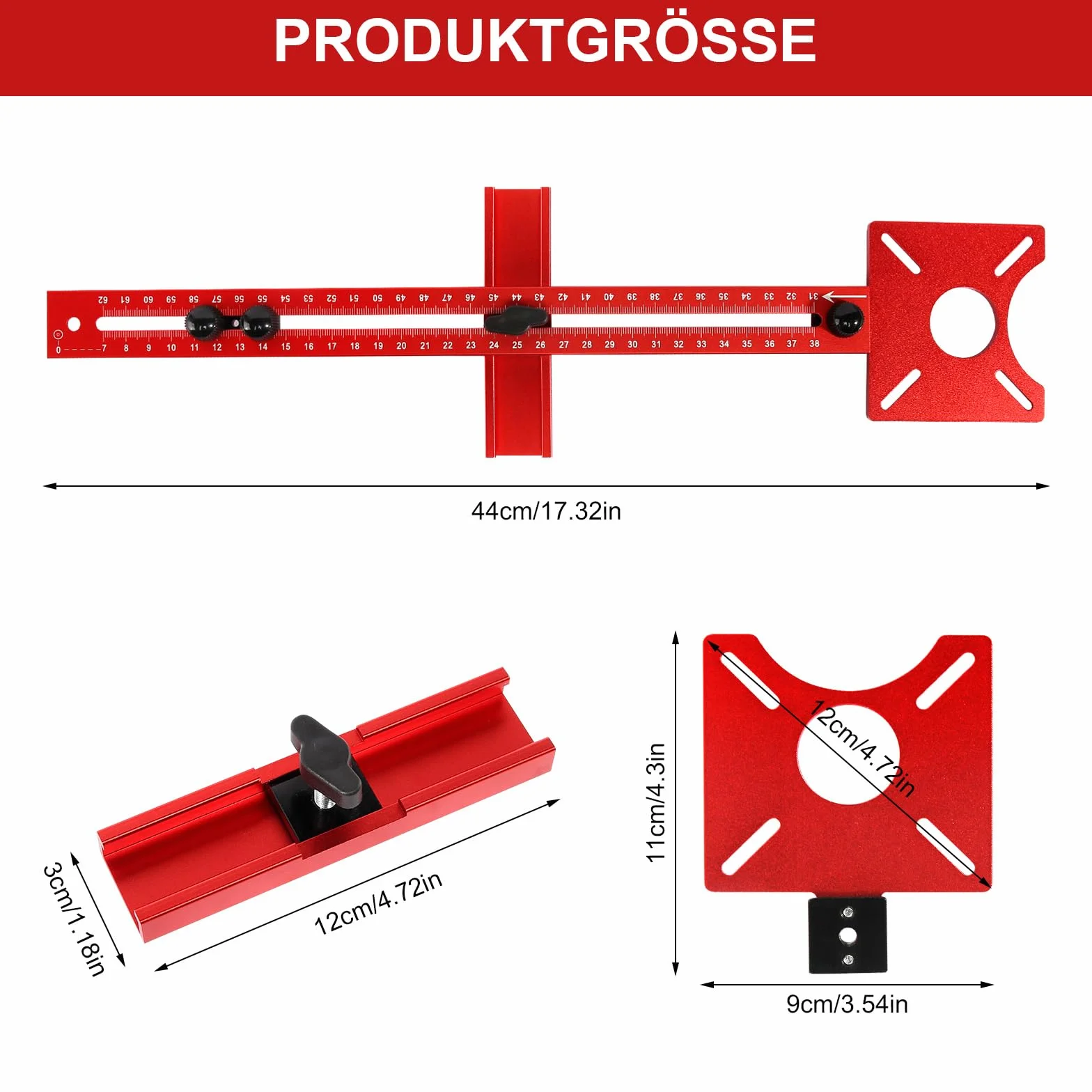 Plantilla de fresado de aluminio ajustable 4 en 1, guía de fresado, compás de fresado, radio de 90 mm hasta 370 mm, plantilla de fresado multifuncional para carpintería DIY