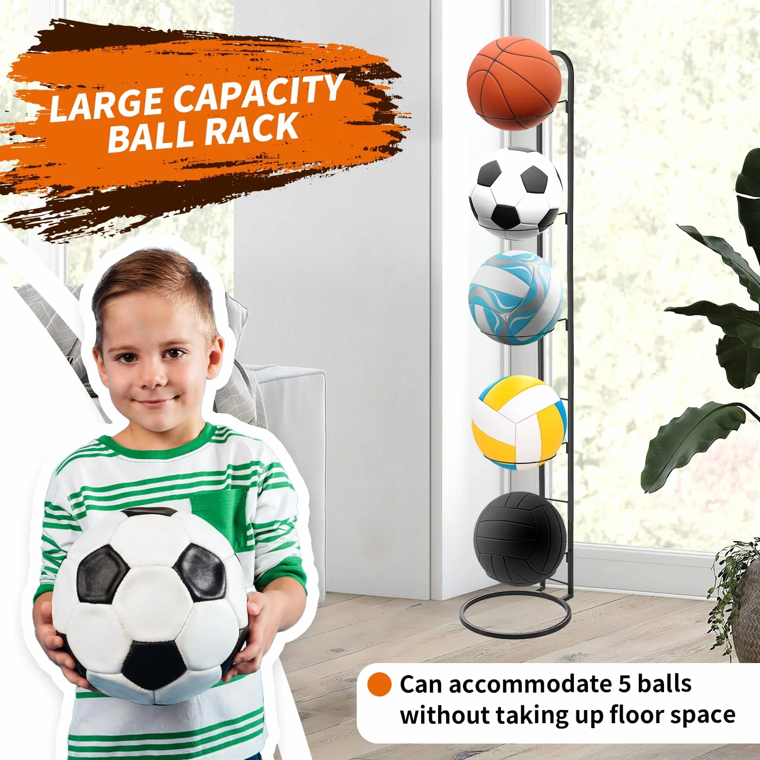 Soporte para Bolas, Soporte Balon Futbol Vertical de 5 Niveles de Metal de Almacenamiento para Bolas de Baloncesto, Estante de Bolas de Interior para Pelotas de Voleibol Deportivas