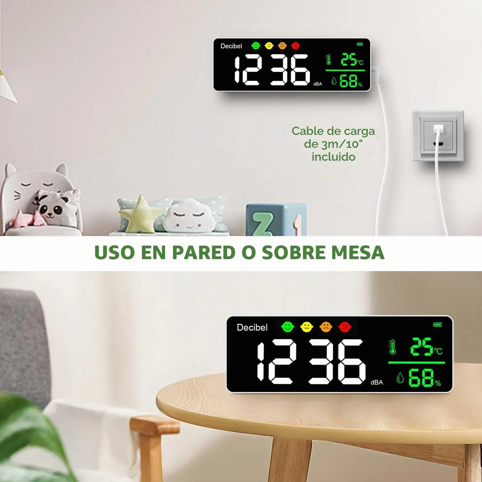 Medidor de Decibelios Medidor de Nivel de Sonido de Pared 30-130dB Decibelímetros Medidor de Ruido con Alarma, Medidor de Ruido/Temperatura/Humedad con Pantalla Grande LCD de 11 Pulgadas para Casa