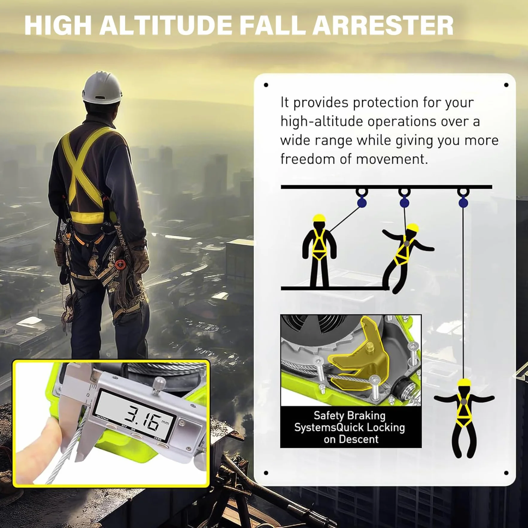 Dispositivo Anticaidas Retráctil, 3-20m Anticaidas Retractil Seguridad Homologado con Gancho Autoblocante, Amarillo Linea de Vida Retractil para Techado y Construcción, Carga:150kg (10m)