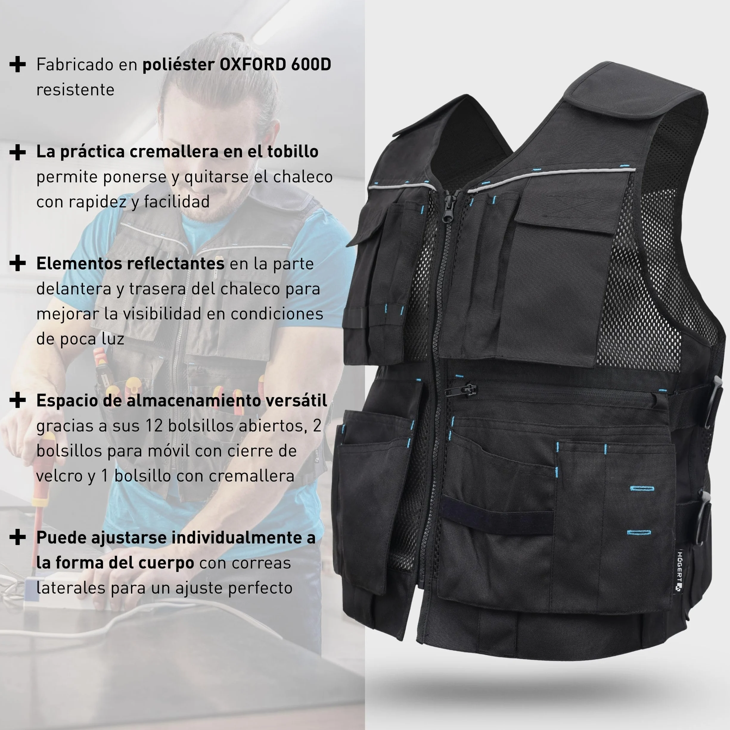 Högert Technik - Helwig - Chaleco de trabajo para hombre, color negro liso, tejido 100% poliéster Oxford 600D, chaleco de trabajo, chaleco de trabajo para hombre con muchos bolsillos, chaleco de