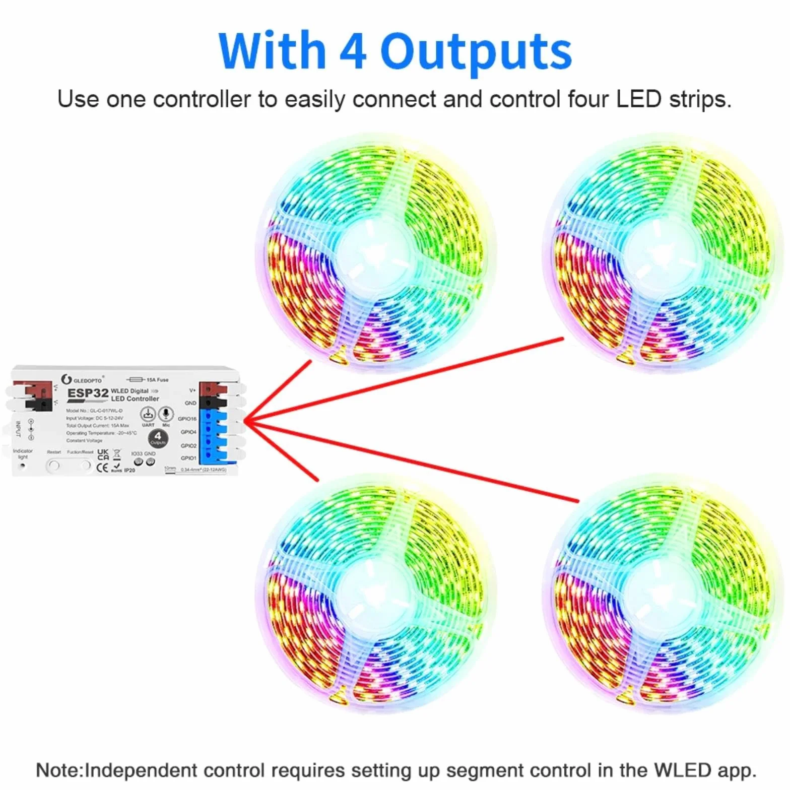 Controlador LED WiFi 4 vías ESP32 WLED Compatible Alexa Google Home Tiras LED RGB 5-24V 15A GL-C-017WL-D