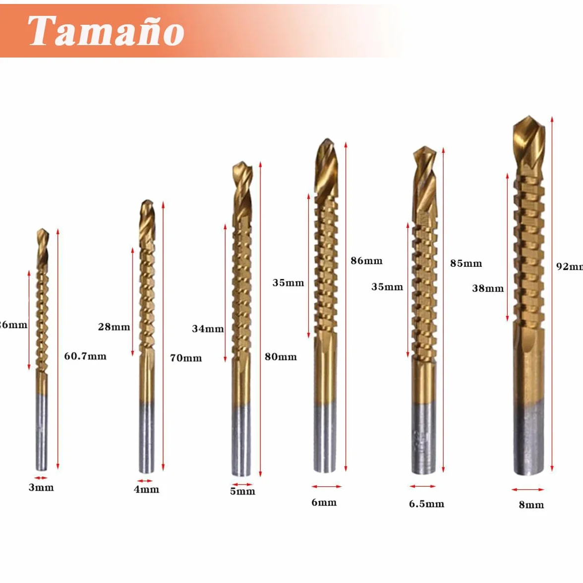 Treki 6pcs Broca de Sierra en Espiral HSS de Acero de Alta Velocidad 3-8 mm y Sierra Bit Set Titanio Recubierto Herramientas de Carpintería para Madera y Metal