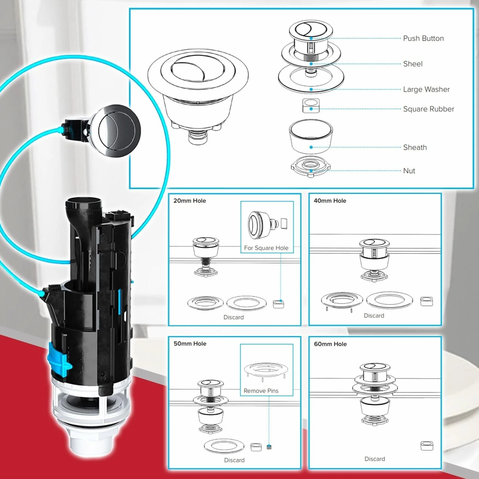 SPARES2GO Kit Botón Pulsador Para Cisterna Inodoro 1,5" 2" Válvula Doble Descarga Universal