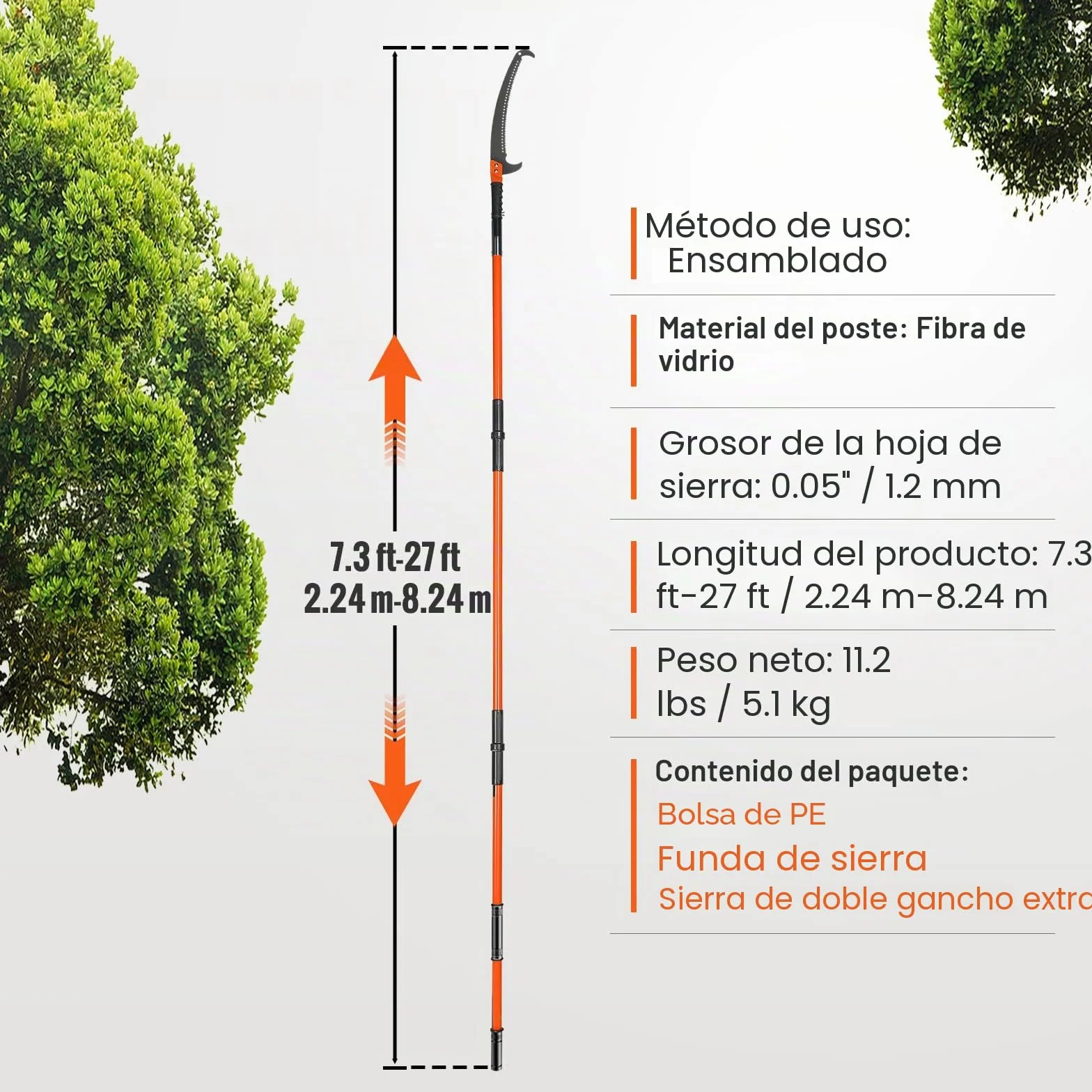VEVOR Sierra de Poda Telescópica 2,24-8,24 m con Hoja de Acero Cortante y Pértigas de Fibra de Vidrio