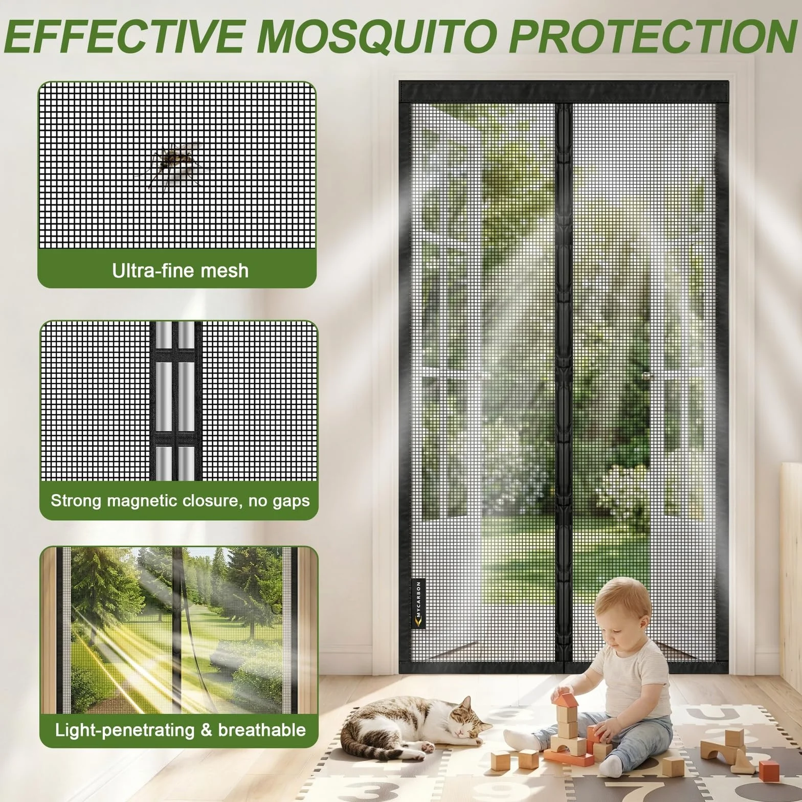 MYCARBON Mosquitera Puerta Magnetica de Fibra de Vidrio Material Ignífugo Mosquiteras para Puertas Resistente a Arañazos de Gatos, Anti UV, con Cinta Adhesiva, 120x220cm, Negra