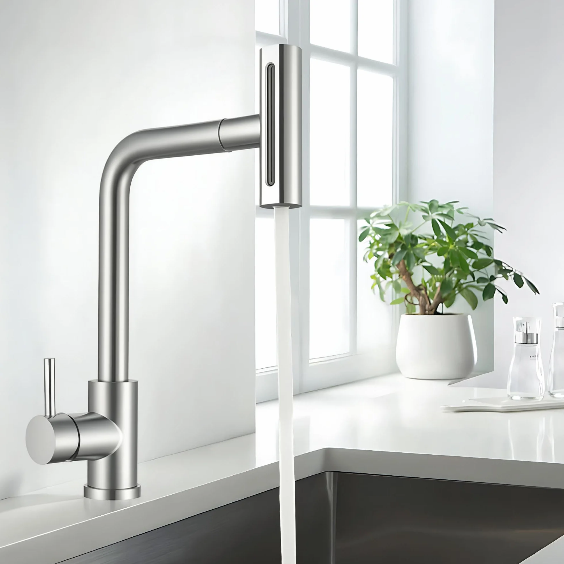 Grifo de Cocina con Cascada, Grifo Giratorio de Acero Inoxidable con 4 Modos de Chorro y Boquilla Extraíble