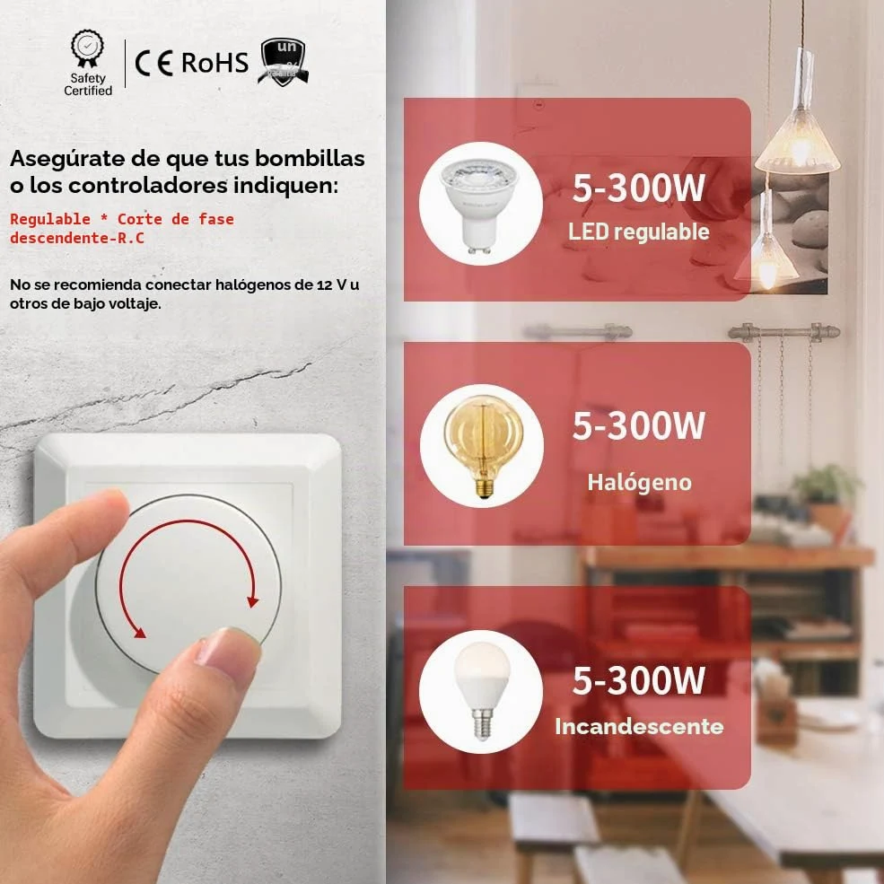 interruptor regulador de luz, encendido/apagado giratorio LED atenuador interruptor para Regulable LED/incandescente/bombillas halógenas, 2 vías, 3-150W (1-10 LEDs)