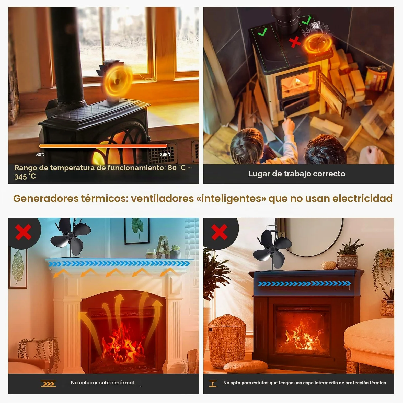 Ventilador de estufa sin electricidad, silencioso, ventilador de chimenea con 4 hojas, para madera/leña/hoguera/tubo de estufa