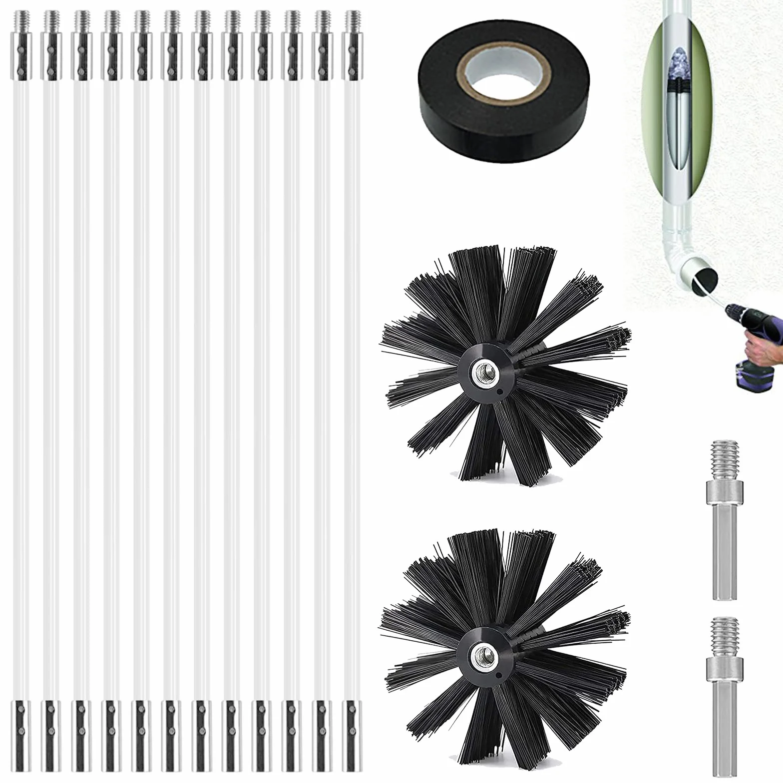 Juego de 17 cepillos para chimenea, cepillo de limpieza para chimenea, incluye 2 cepillos de tubo de estufa de 150 mm de diámetro, 12 barras flexibles de 410 mm, 2 barras hexagonales, 1 cinta adhesiva
