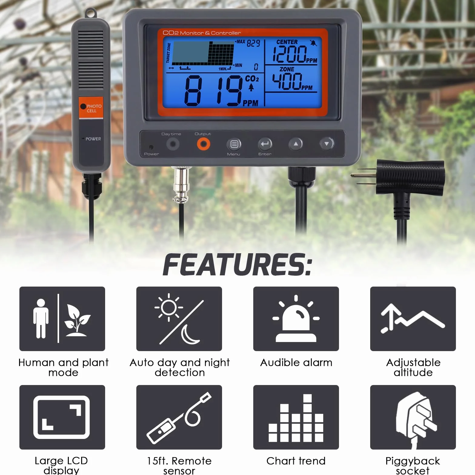 Controlador de CO2, Controlador de dióxido de Carbono, medidor de CO2, función de relé diurno y Nocturno, Sensor de CO2 NDIR para Invernadero, Salas de Cultivo, fábrica, hogar, Oficina