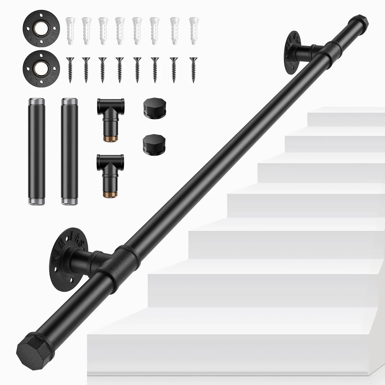 Pasamanos para Escaleras, VAYOTOY Barandilla Escalera Pasamanos Estilo Industrial Profesional Negro con tubo de acero Galvanizado Industrial Antideslizante para Cocina Baño Jardín, 1M
