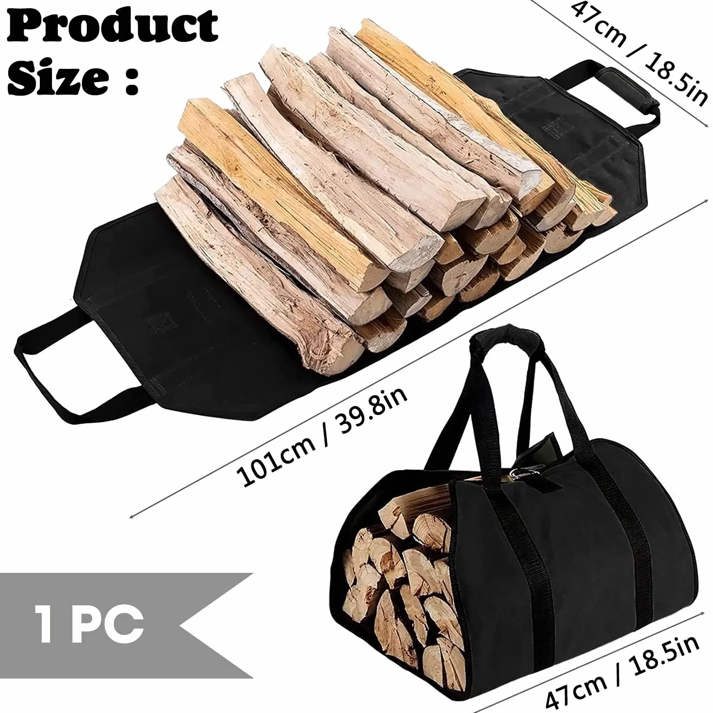 ZONSUSE Bolsa de Transporte para Leña de Lona, Bolsas de leña para Chimenea, Bolsa de Leña Almacenamiento Plegable, Accesorios para Estufa, para Interior y Exterior, Camping, Playa, Hoguera (Negro)