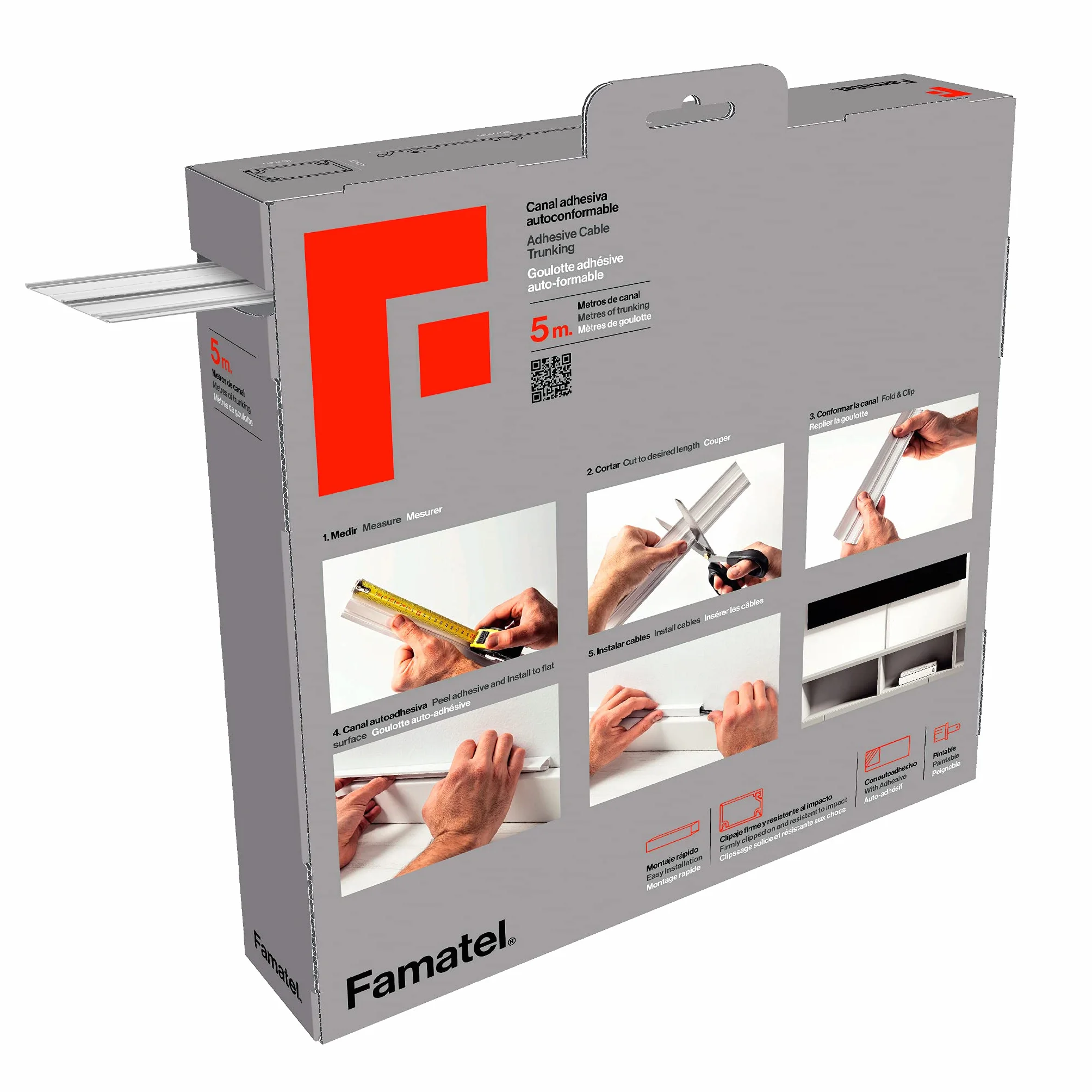 FAMATEL – Canaleta Cables Adhesiva | 5 Metros | 10 x 16 mm | Novedad - Formato Enrollable | Rectangular | Fácil Montaje con Autoadhesivo | Canaleta para cableado | Blanco
