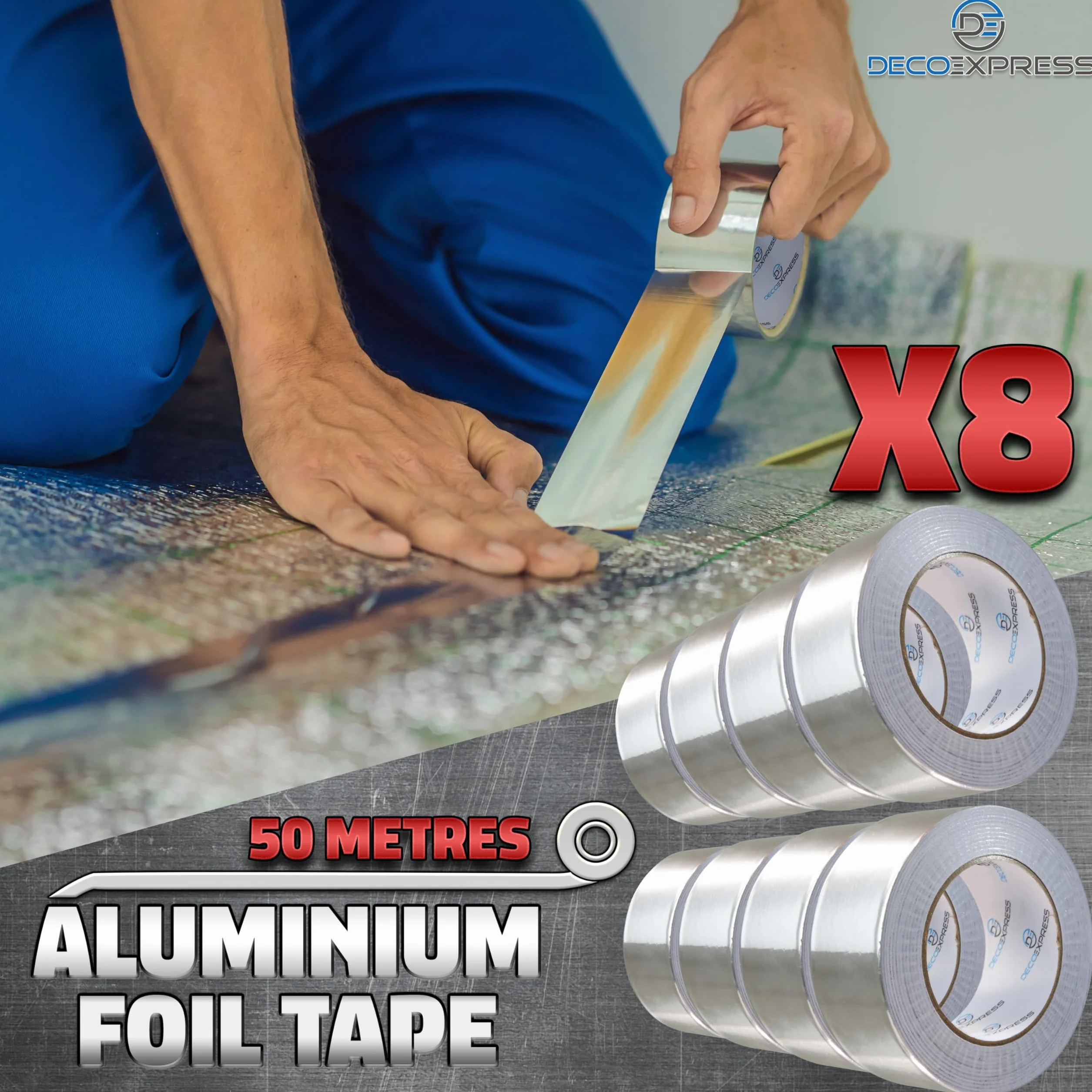 DECO EXPRESS Cintas Adhesivas de Aluminio Alta Temperatura, Cinta de Aluminio Adhesiva 10m, 25m, 50m x 45mm, Resistente al Calor, Impermeable, Cinta de Aislamiento (50 M, 8 Piezas)
