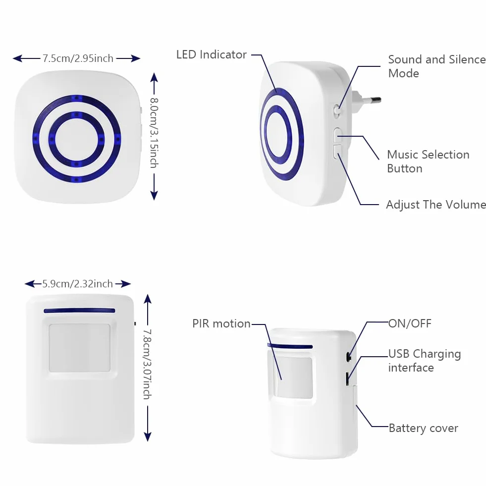 AXFEE Detector de Movimiento Interior PIR, 4 Niveles Volumen, 38 Melodías Alarma Seguridad para Casa Garaje