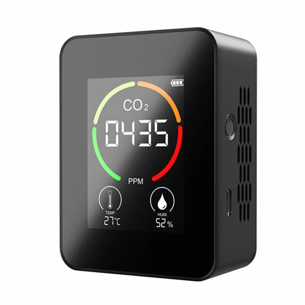 Detector de CO2, Monitor de CO2, Monitor de dióxido de Carbono, Sensor de CO2, Cargador Digital USB, Sensor de Calidad del Aire, Detector de Temperatura y Humedad para Oficina en casa(Negro)