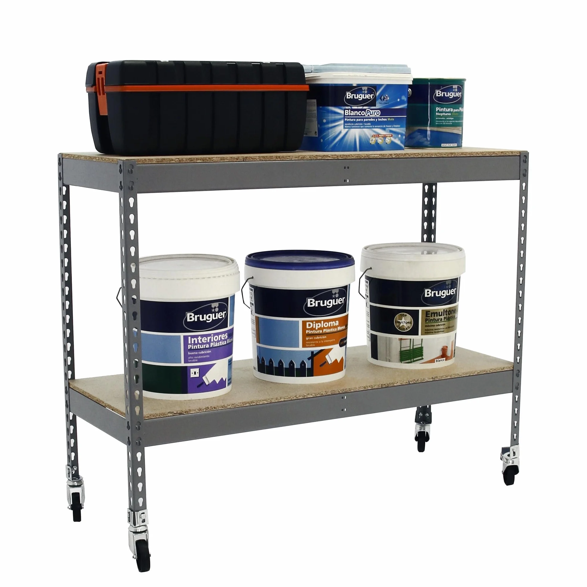 Simon Rack Estanteria Industrial, 975x1200x450 mm, 75 kg de Punto Flexión, 2 Alturas Madera, Estanteria Almacenaje, Inlcuye Ruedas, Gris/Madera - SimonTaller