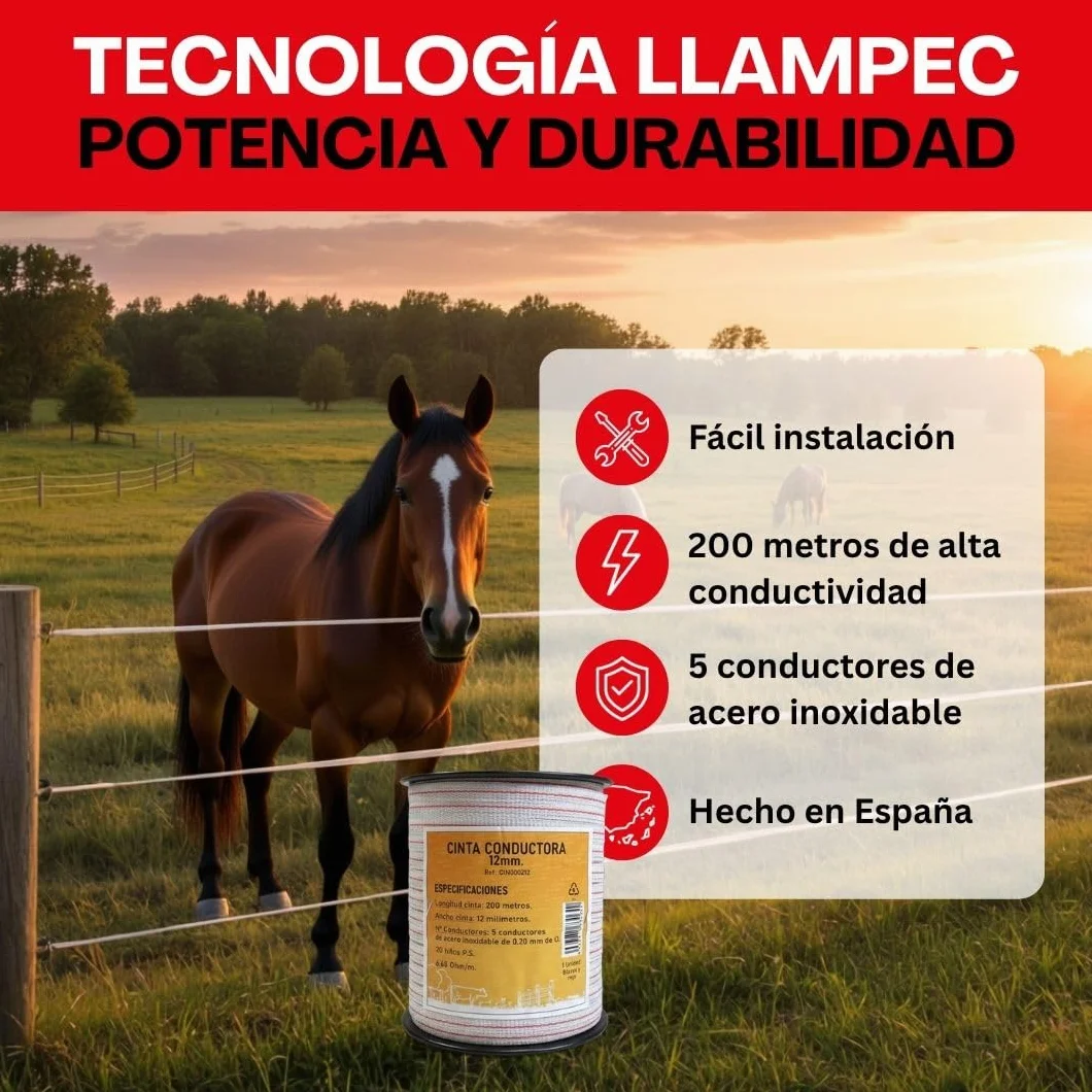 Llampec Hilo Pastor Eléctrico 200 m x 12 mm Cinta 5 Conductores Acero Inoxidable Resistencia UV Cable Valla Eléctrica