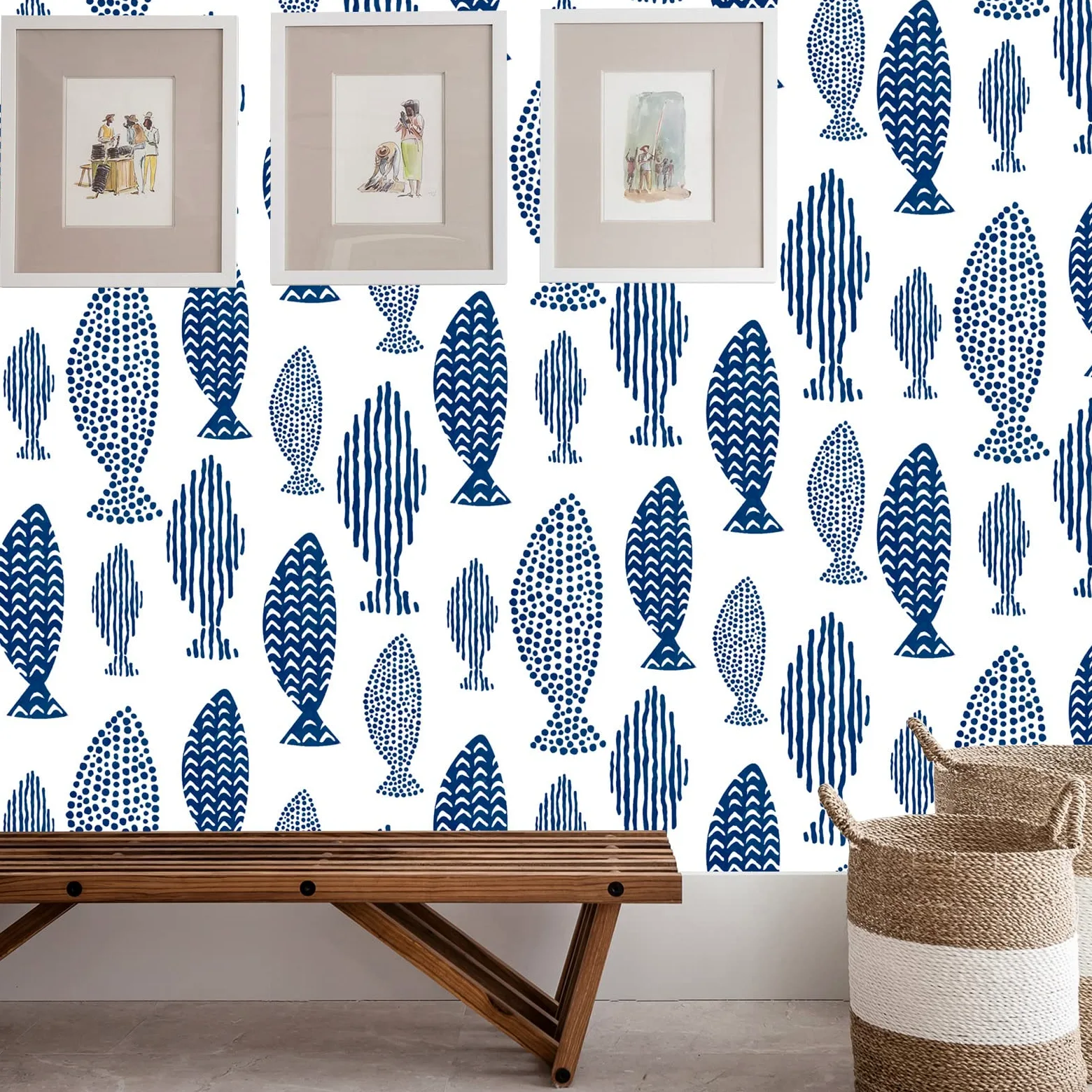 Papel Pintado Peces, 44.5 x 1000 cm Papel Pintado Trellis de peces del mundo submarino abstracto Indigo Blue Vinilo Adhesivo para Muebles,Libreria,Sala de Estar, Dormitorio,Baño,Cocina