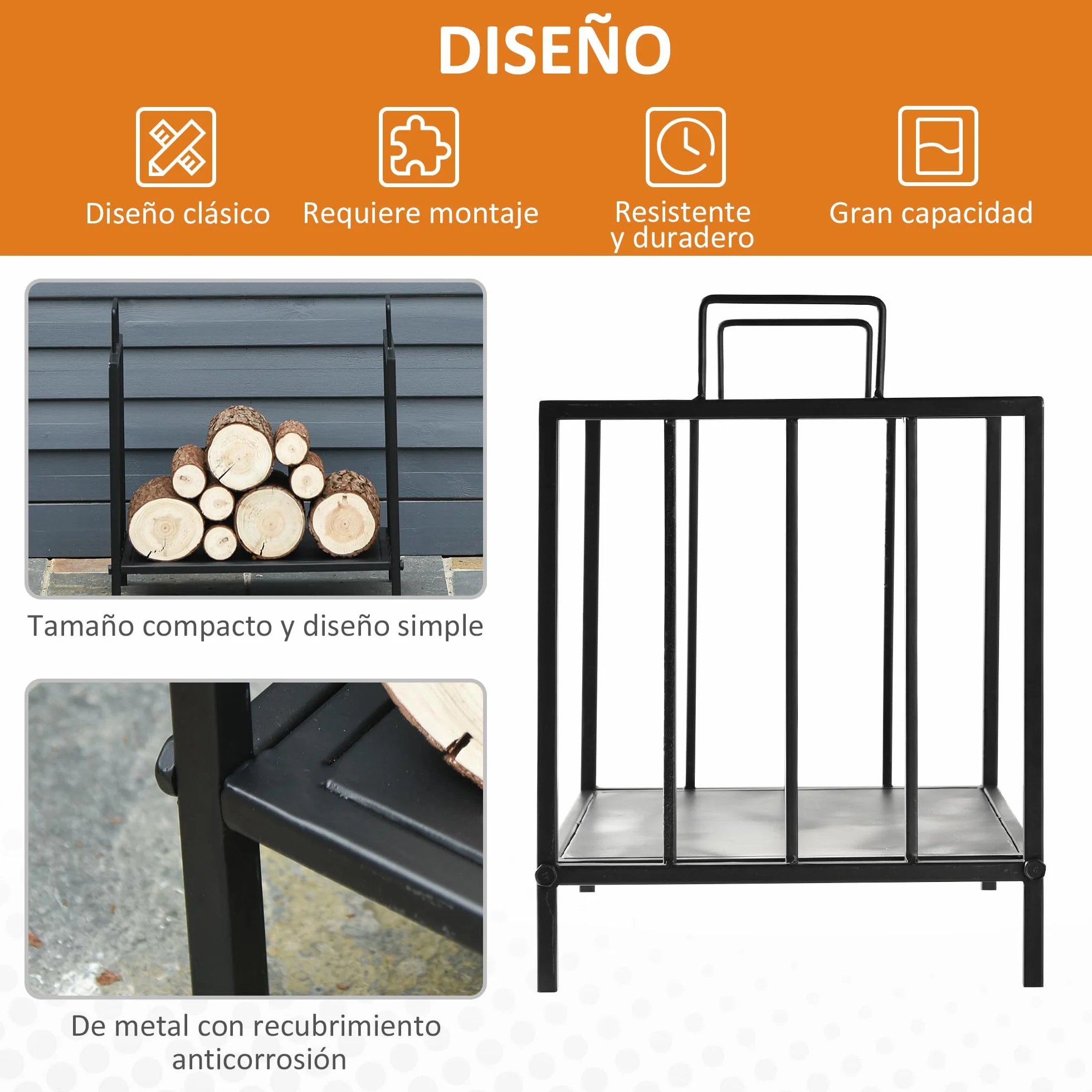Outsunny Estante de Leña para Chimenea Tradicional Leñero Interior y Exterior Almacenaje para Madera Soporte para Leña con Asas Diseño Elevado 44,5x33x46,5 cm Negro