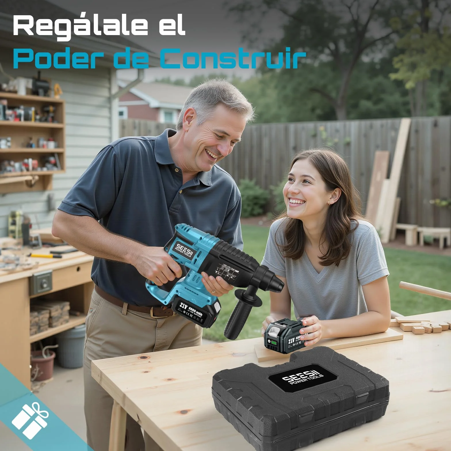 Seesii 3-in-1 Martillo Perforador a Baterías: 2,5J Potente Martillo Percutor sin cable con Motor sin escobillas, 2 * 4,0AH Baterías y Cargador, 5 piezas SDS-plus, Mango Antivibración, Para Bricolaje