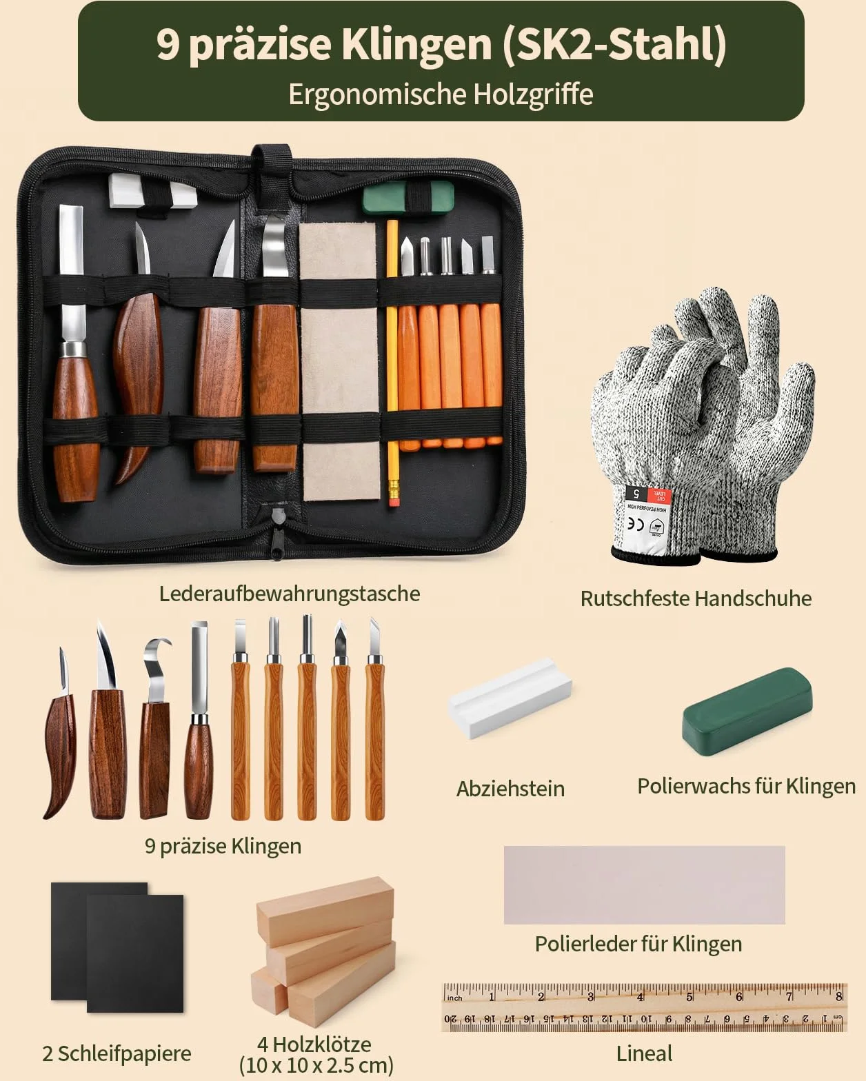 Formones para Madera, 23 PCS Kit Cuchillos para Tallar Madera De Detalles con Cuchillos, Gubias, Bloques, Guantes, bloquear y Bolsa de Almacenamiento, para Principiante, Adultos, Niños