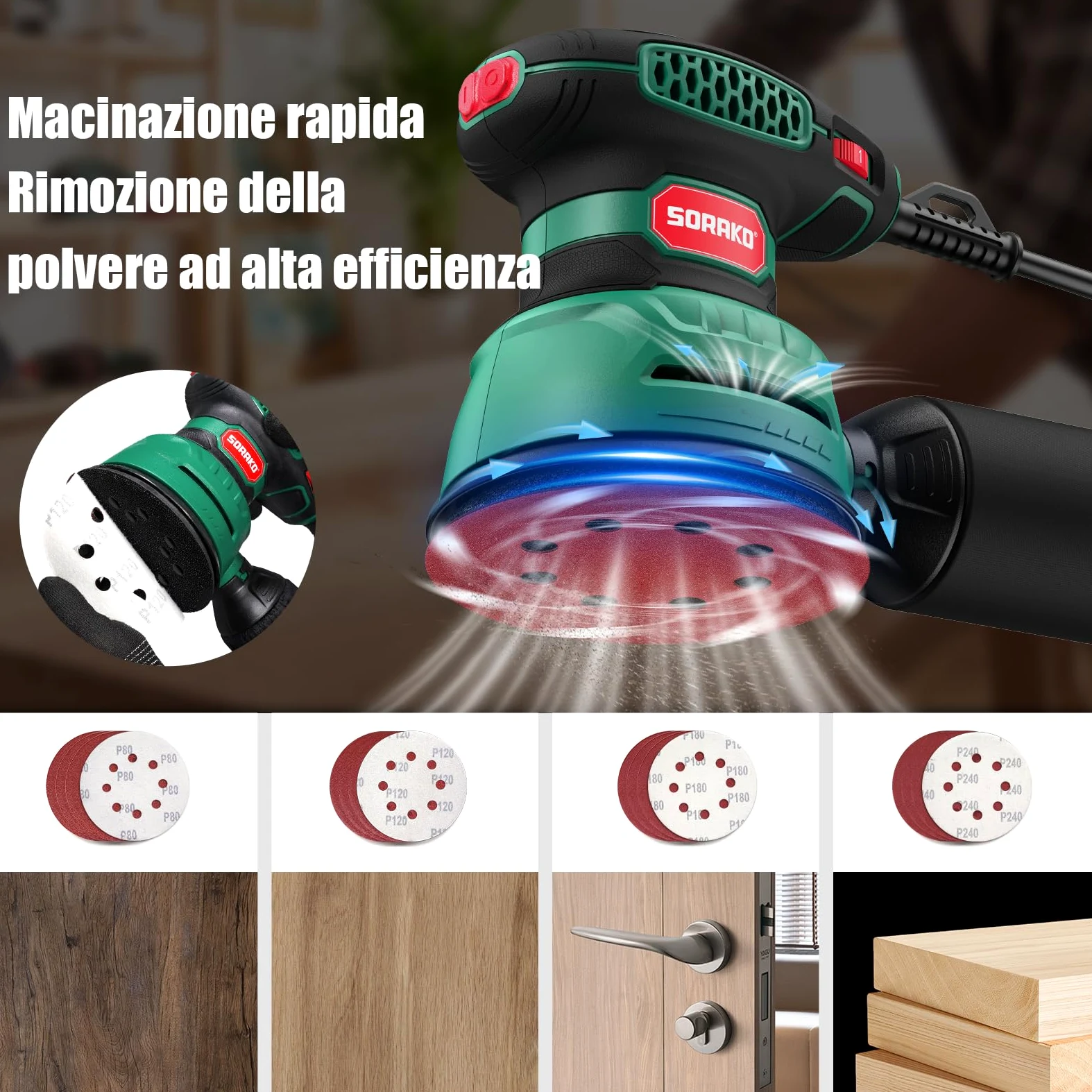 SORAKO Lijadora orbital aleatoria 350W 125mm,6 velocidades, 16 hojas de lija, sistema de extracción de polvo y freno rápido,Para carpintería y proyectos de bricolaje