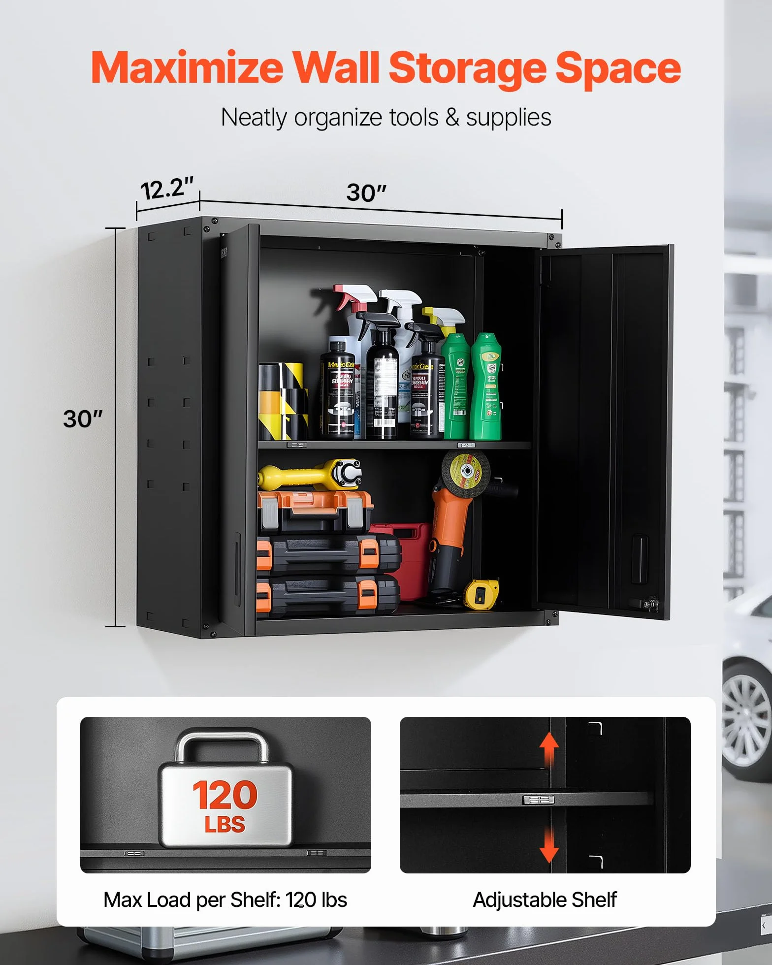 VEVOR Armario de Pared para Taller, 762 x 310 x 762 mm, Armario de Herramientas de Metal, Capacidad 108,86 kg, Negro