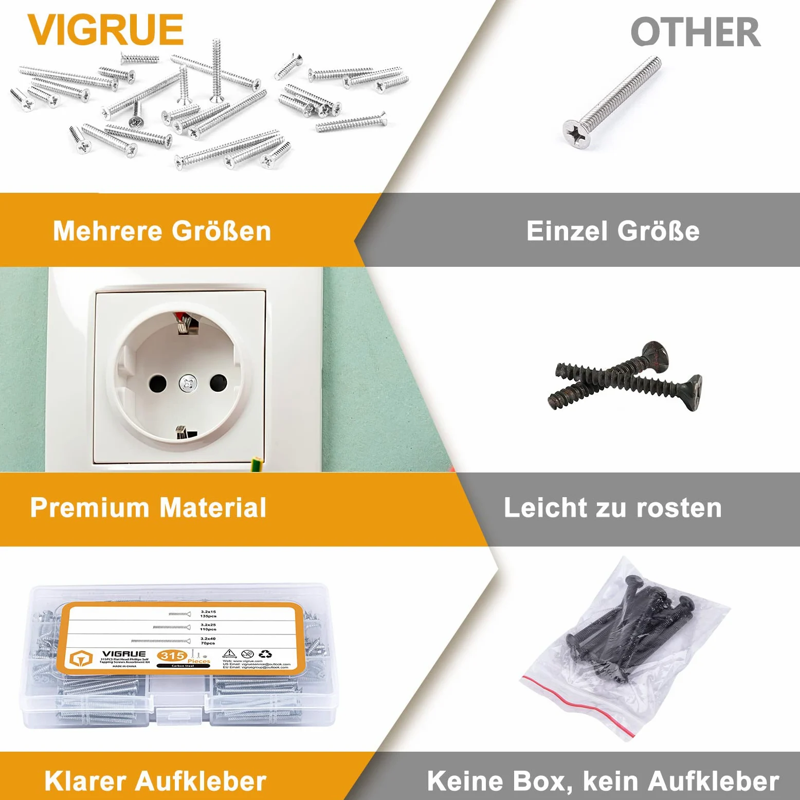 VIGRUE 315 tornillos para cajas de interruptor, caja surtida, diámetro de 3,2 x 15 mm, 3,2 x 25 mm, 3,2 x 40 mm, tornillos avellanados de acero galvanizado con cruz, para reparación de enchufes