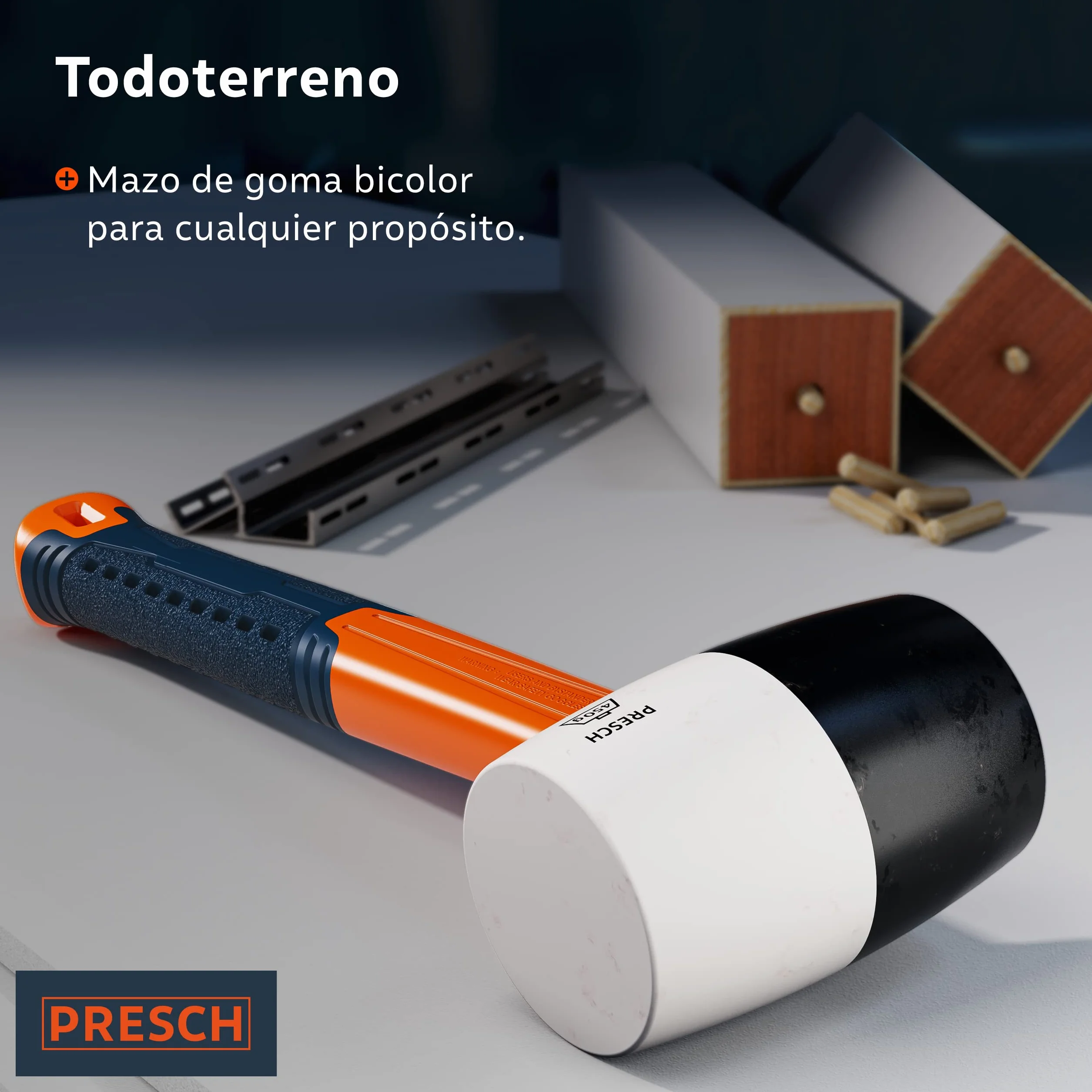 Presch Mazo de goma negro/blanco 450g - Martillo de goma dura con mango de fibra de vidrio | ⌀=55mm - Mazo de caucho polivalente para muchos usos